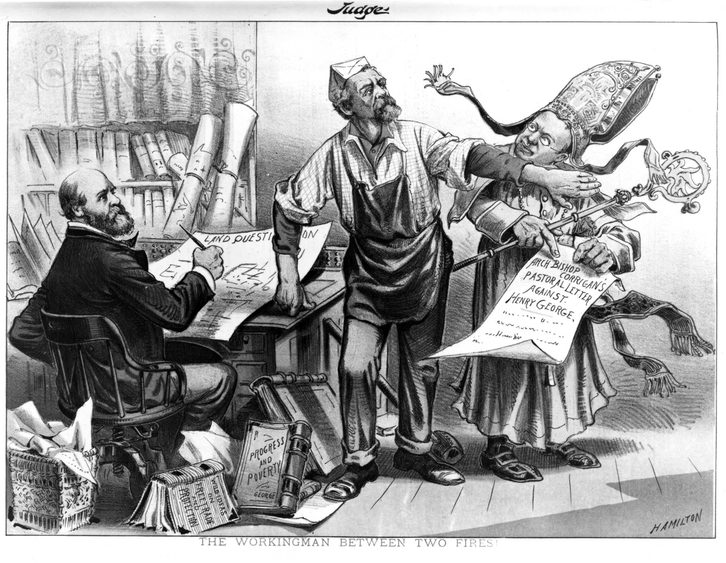 During the 1886 New York City mayoral campaign, many workingmen faced a dilemma when the Catholic Church hierarchy attacked Henry George, the United Labor Party (ULP) candidate. As this cartoon from the humor weekly <em>Judge</em> indicates, although the ULP lost the election, the sizable turnout for George showed that many Catholic voters had ignored Archbishop Michael A. Corrigan’s denunciations.