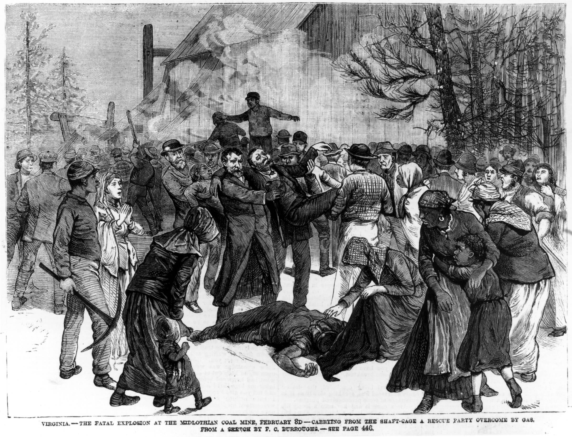 Black and white miners and their families gathered outside a mineshaft in Midlothian, Virginia, after a gas explosion in February 1882. This engraving in <em>Frank Leslie’s Illustrated Newspaper</em> was unusual in portraying an interracial mining scene.