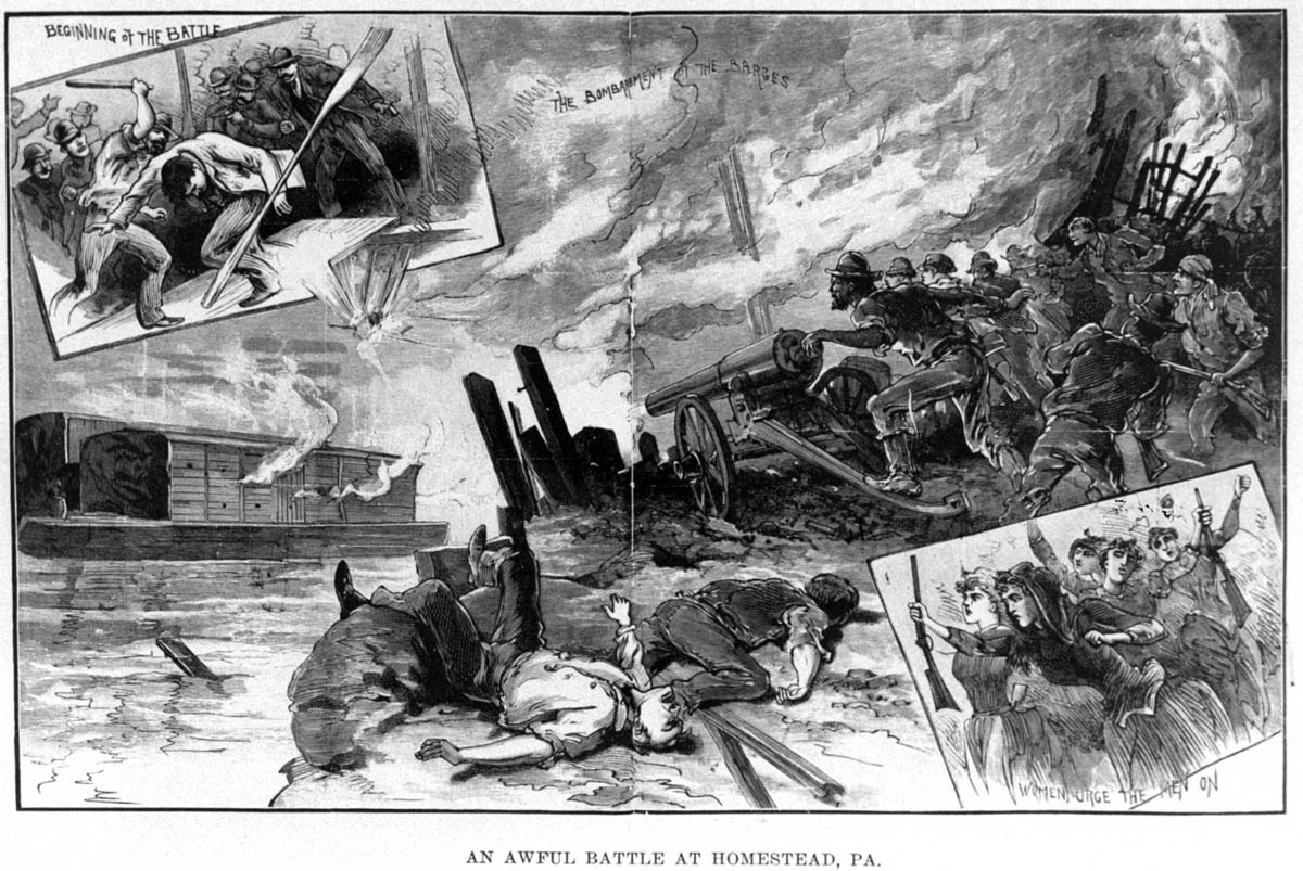 The <em>National Police Gazette</em> portrayed the July 6, 1892, fight between striking steelworkers and Pinkerton strikebreakers on the Monongahela River. Directed to male readers, many of whom were workers, the <em>Police Gazette</em> occasionally covered labor conflict, expressing sympathy toward strikers while also exploiting the more sensational aspects of the events.