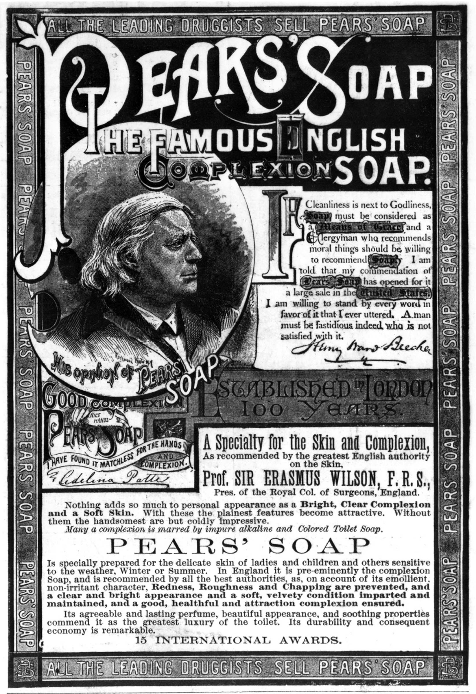 Henry Ward Beecher did not hesitate to use his national fame as a Presbyterian minister in the cause of commerce, as evidenced by his testimonial for Pears’ Soap in an 1883 advertisement. “If cleanliness is next to Godliness,” Beecher declared in this ad, “soap must be considered as a means of Grace."