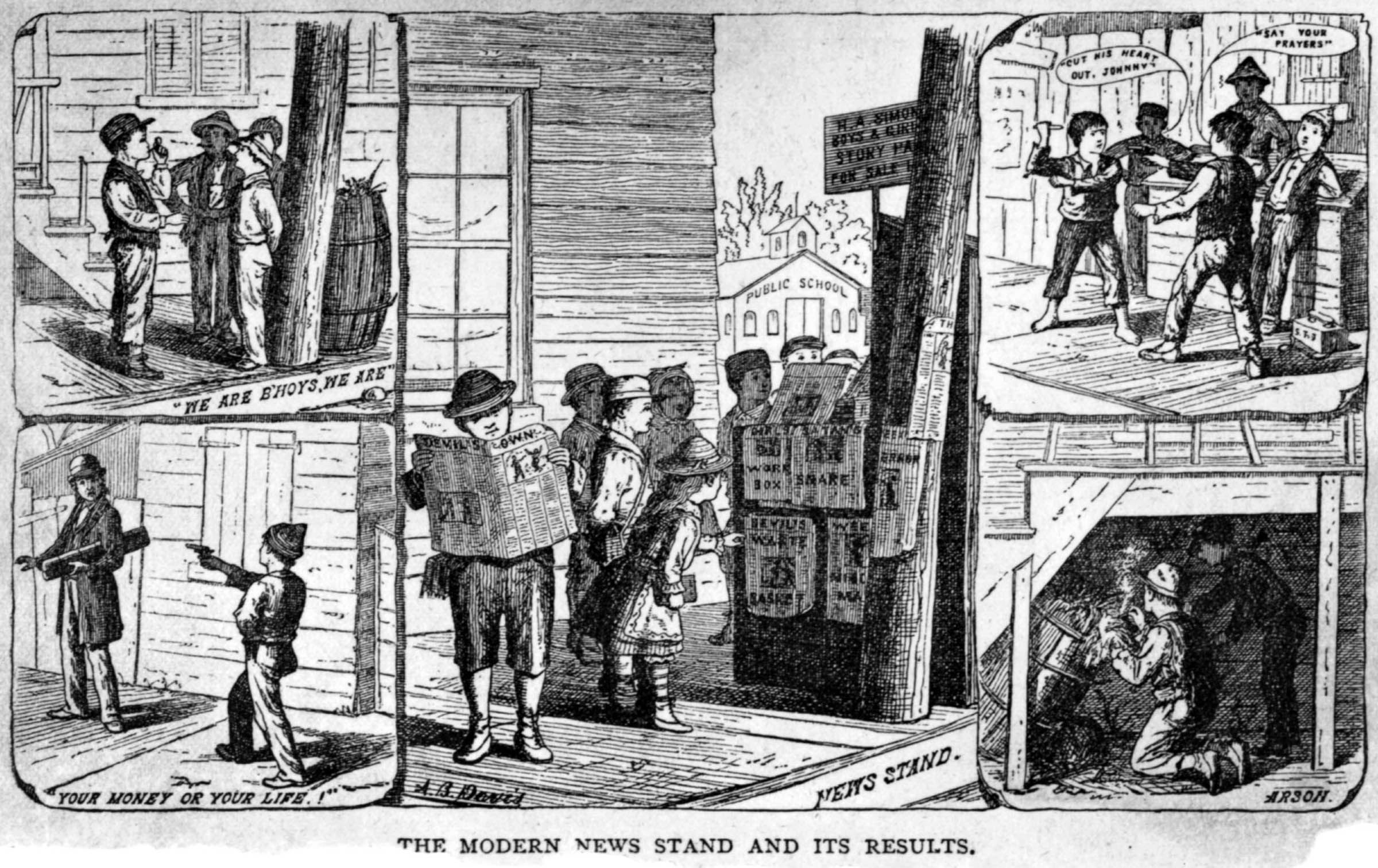 The frontispiece of <em>Traps for the Young</em>, an influential 1883 tract by Anthony Comstock, illustrates the threat purportedly posed by “debased” commercial magazines. “They open the way for grossest evils,” Comstock wrote. “Foul thoughts are the precursors of foul actions.”