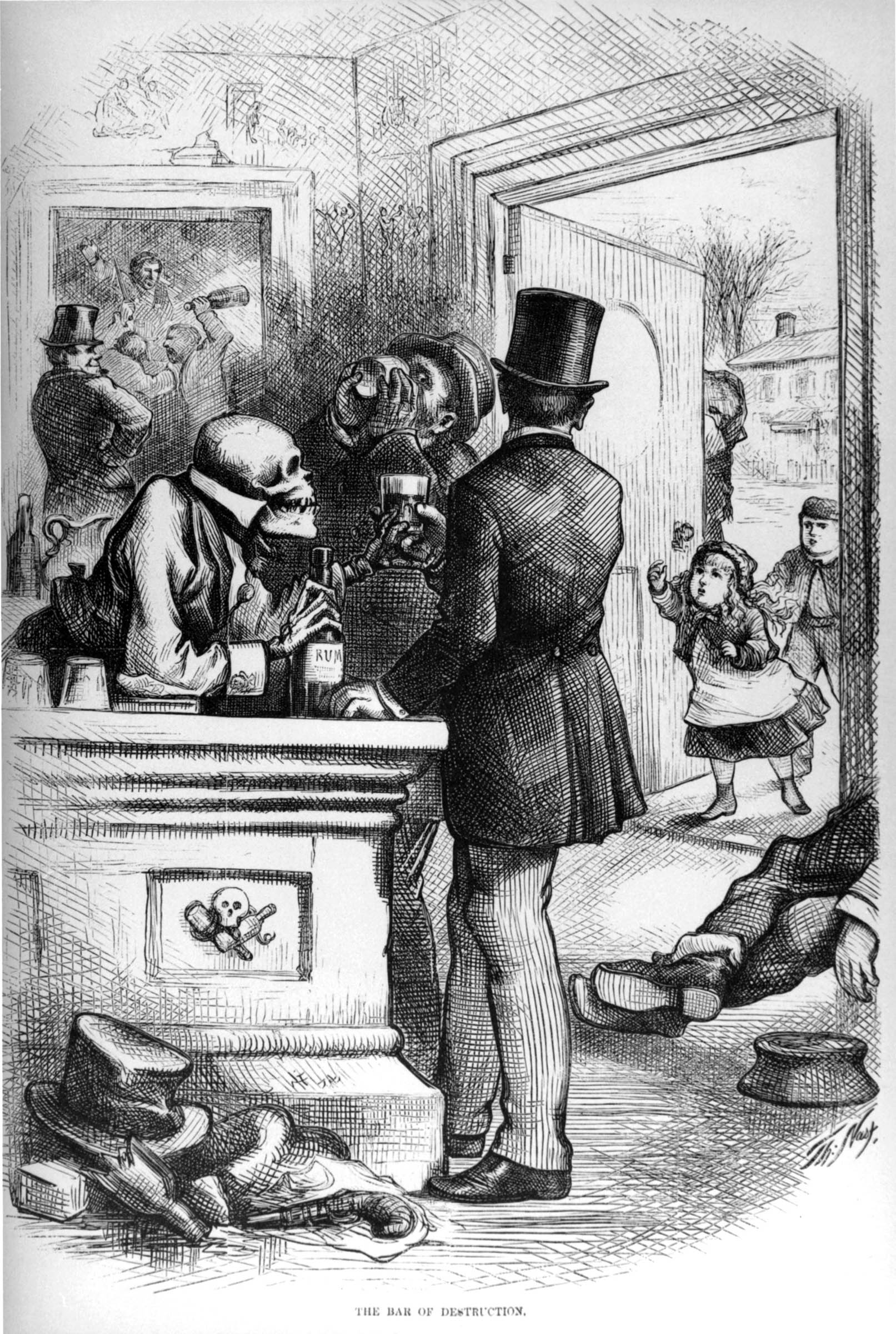 Temperance tracts emphasized the destructive effects of liquor consumption on familial relationships, framing messages in sentimental accounts of little children appealing to drunken parents to forsake the saloon and come home. This Thomas Nast cartoon, "The Bar of Destruction," repeated motifs that dated back to Timothy Shay Arthur’s antebellum bestseller, <em>Ten Nights in a Bar-room</em>.