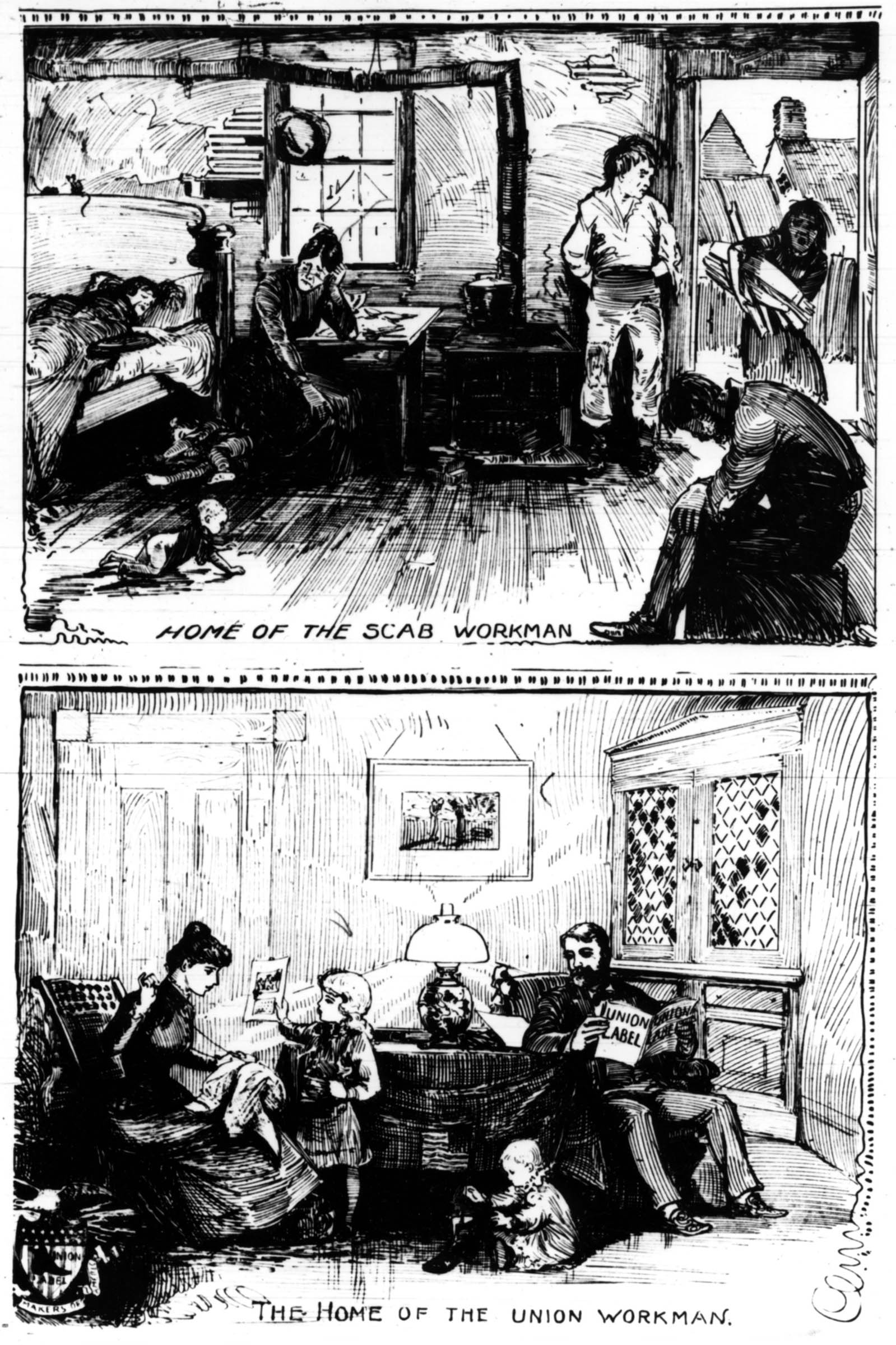 These illustrations in the <em>Boston Labor Leader</em> compared the homes of a union workman and a scab workman. In this view, strikebreaking was a logical outgrowth of the general moral and physical degradation of the one-room scab household. The “superiority” of the trade unionist was portrayed in the modest but solidly domestic atmosphere of the family’s parlor.