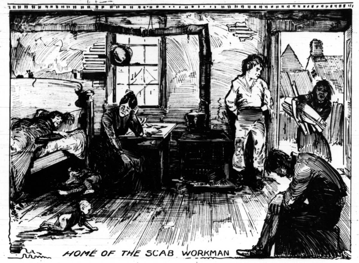 These illustrations in the <em>Boston Labor Leader</em> compared the homes of a union workman and a scab workman. In this view, strikebreaking was a logical outgrowth of the general moral and physical degradation of the one-room scab household. The “superiority” of the trade unionist was portrayed in the modest but solidly domestic atmosphere of the family’s parlor.