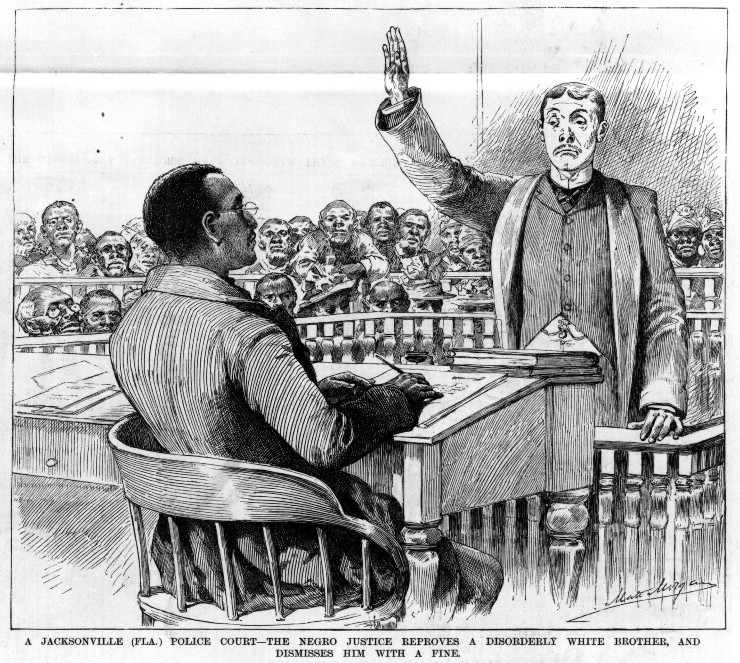 After the collapse of Reconstruction, some African Americans in the South continued to hold local elective positions, particularly those of sheriffs and judges. This 1889 engraving shows a Black justice of the peace presiding over a Jacksonville, Florida, police court.