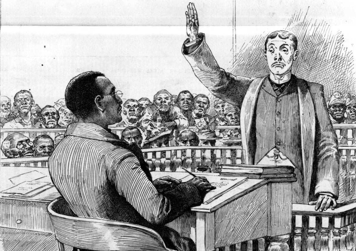 After the collapse of Reconstruction, some African Americans in the South continued to hold local elective positions, particularly those of sheriffs and judges. This 1889 engraving shows a Black justice of the peace presiding over a Jacksonville, Florida, police court.