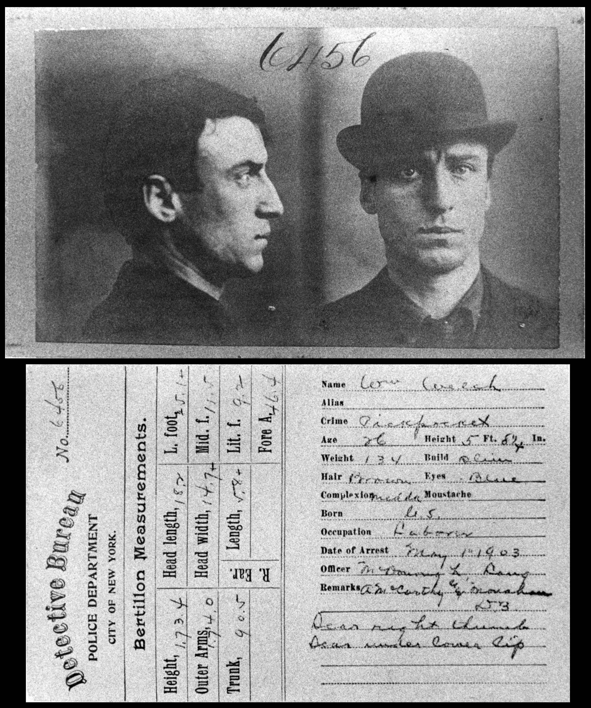 A police department arrest record reflects the faith in data and science espoused by some reformers. The reputedly scientific measurements instituted by French anthropologist Alphonse Bertillon claimed to use physical evidence to detect innate criminality and other character flaws, many associated with particular ethnic and racial groups.