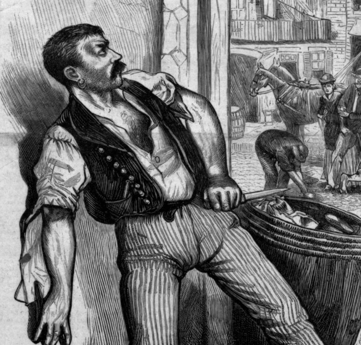 A newspaper engraving depicts an attack on an Italian strikebreaker during the 1882 New York freight handlers’ strike. Although shown as a victim, the Italian’s “exotic” dress and earring marked him as an outsider to contemporary readers.