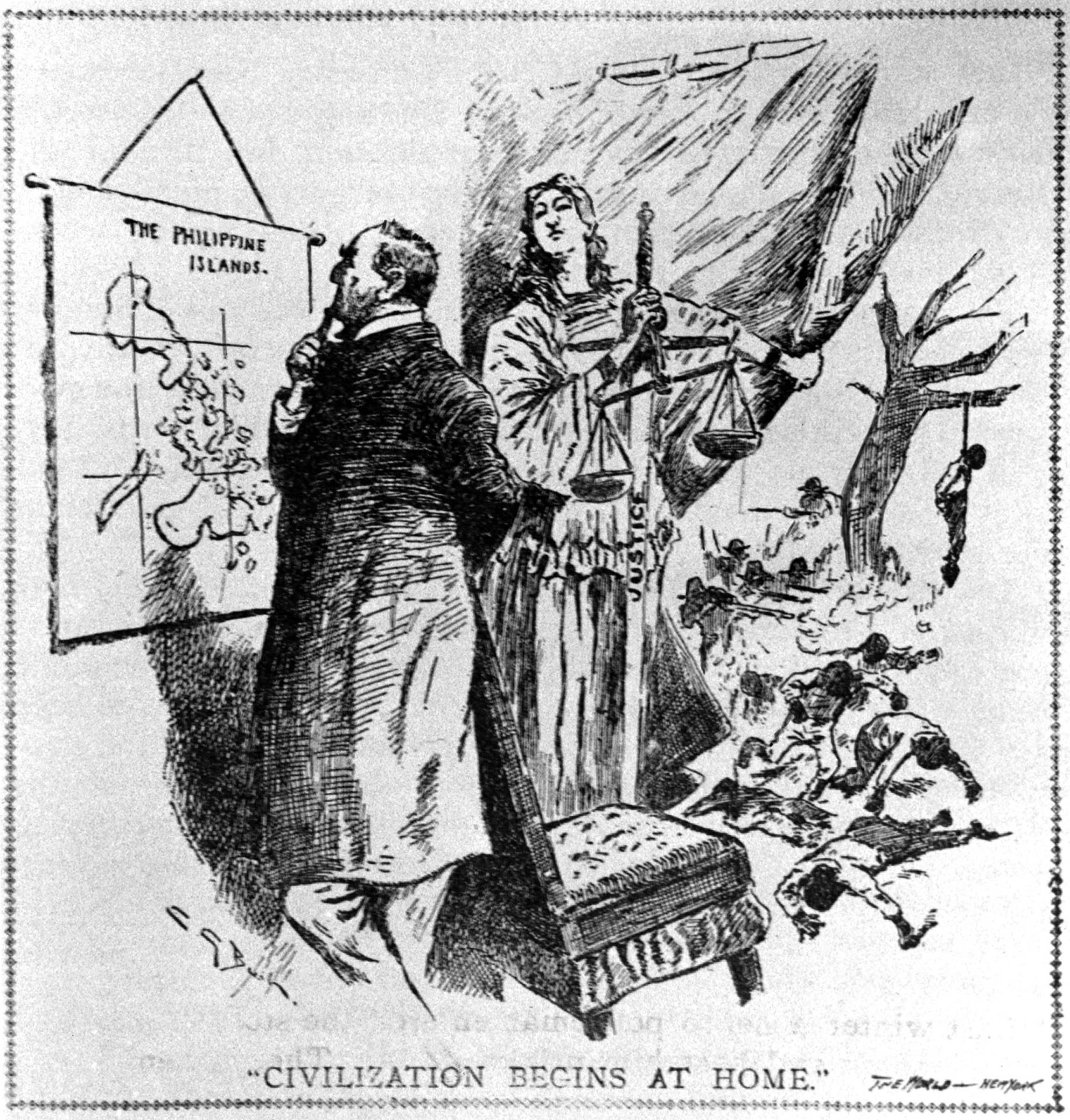 A cartoon in the <em>New York World</em> derided President McKinley’s claim to “uplift and Christianize” the Philippines, graphically portraying the racial terrorism occurring in America’s own backyard.