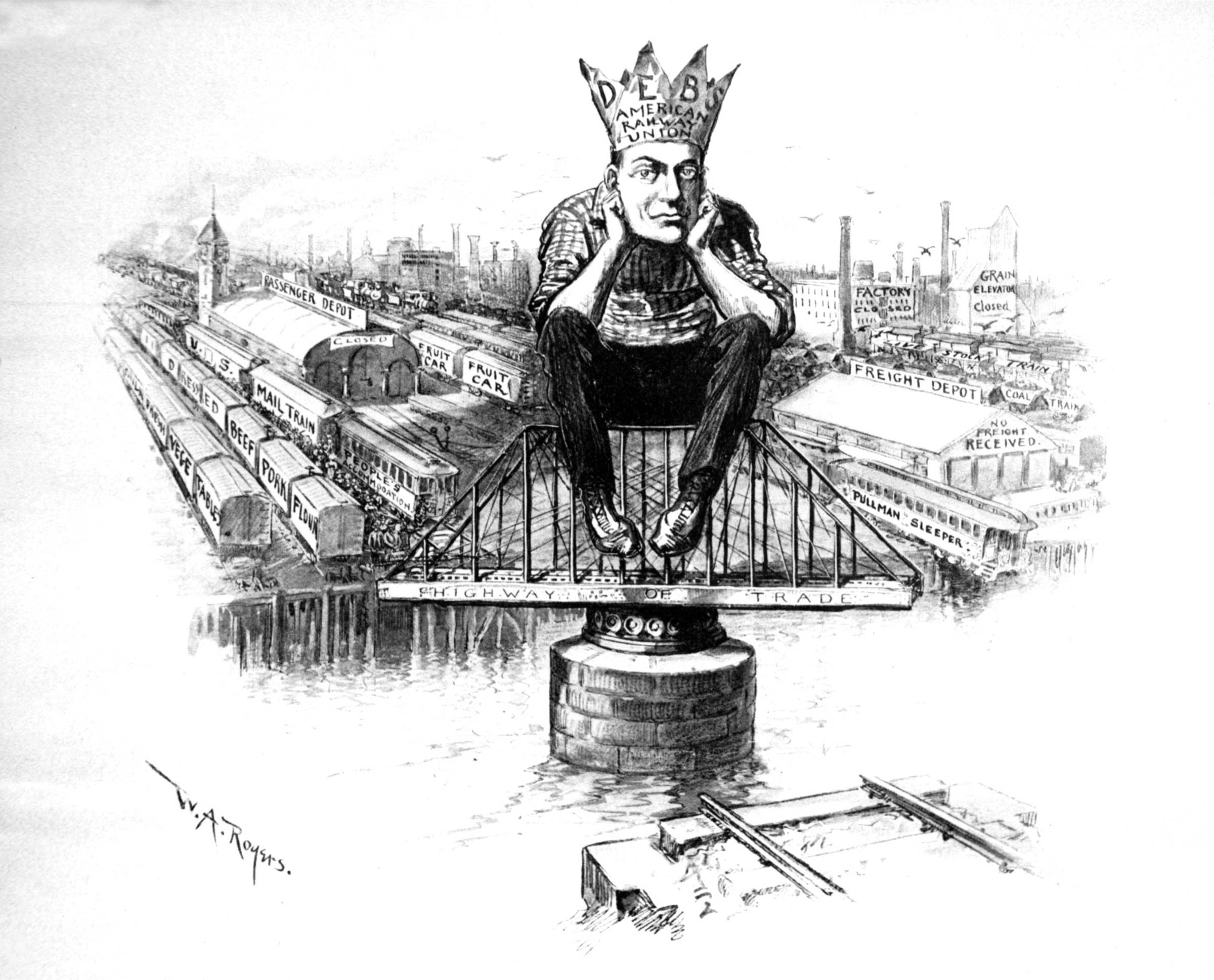 Eugene Debs, president of the American Railway Union, was lambasted by much of the press during the Pullman strike. This <em>Harper’s Weekly</em> cartoon, like many other published pictures, portrayed Debs as a tyrant paralyzing the country’s commerce, but it also made his face familiar to readers across the nation.