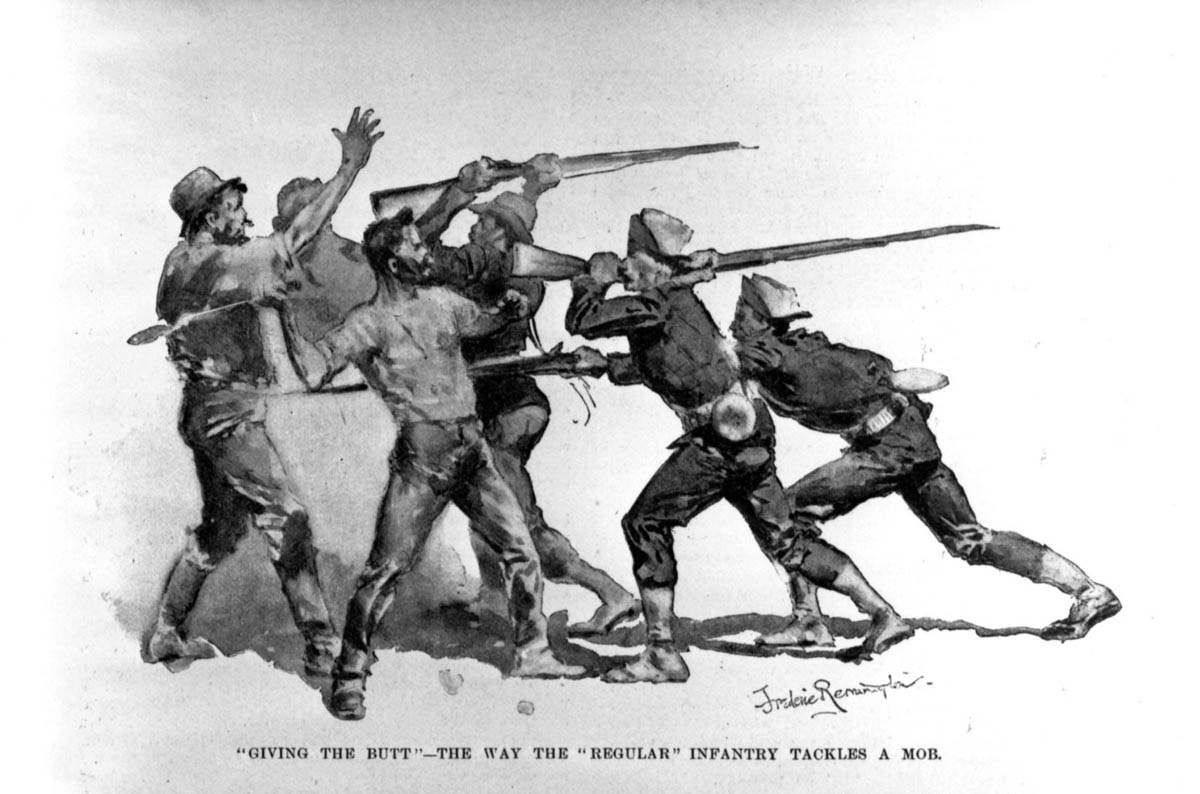 An ardent admirer of the military, artist-reporter Frederic Remington displayed no sympathy for the Pullman strikers in his reports for <em>Harper’s Weekly</em>. Endorsing suppression, Remington described the strikers as a “malodorous crowd of foreign trash,” talking “Hungarian or Polack, or whatever the stuff is.”