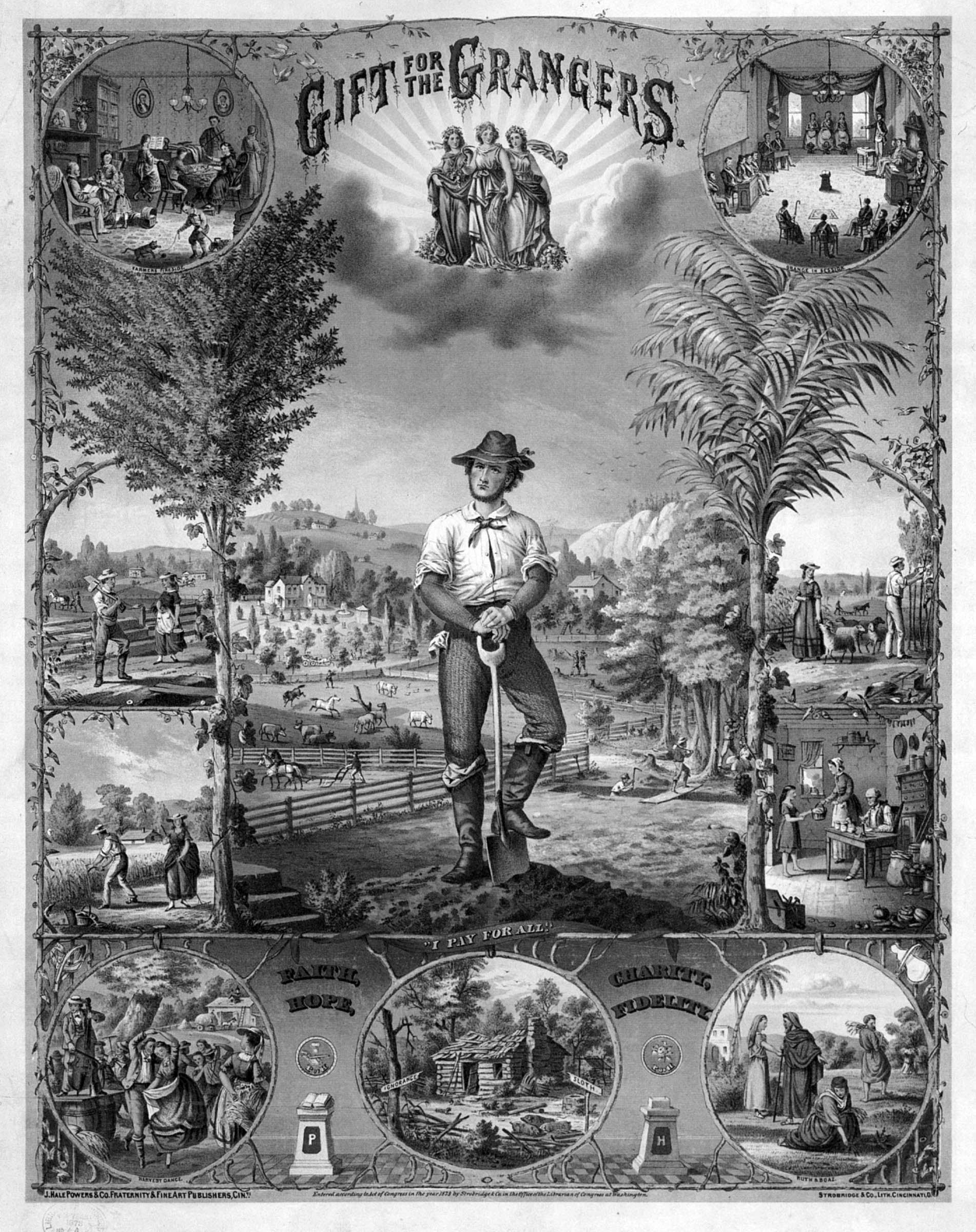 This chromolithograph visually highlights the benefits of membership in the Grange, or Order of Patrons of Husbandry, an organization that was established in 1867 to assert the vital economic and social contributions of farmers. The movement culture of the Grangers gave pride of place to cultivation and cooperation in the fields and in the household. The celebration of agricultural manual labor at the center of the print is surrounded by scenes depicting the “Farmer’s Fireside,” a meeting of the “Grange in Session,” a “Harvest Dance,” and the biblical tale of “Ruth and Boaz” (in which Ruth’s selfless harvest labor won the landowner’s sympathy).