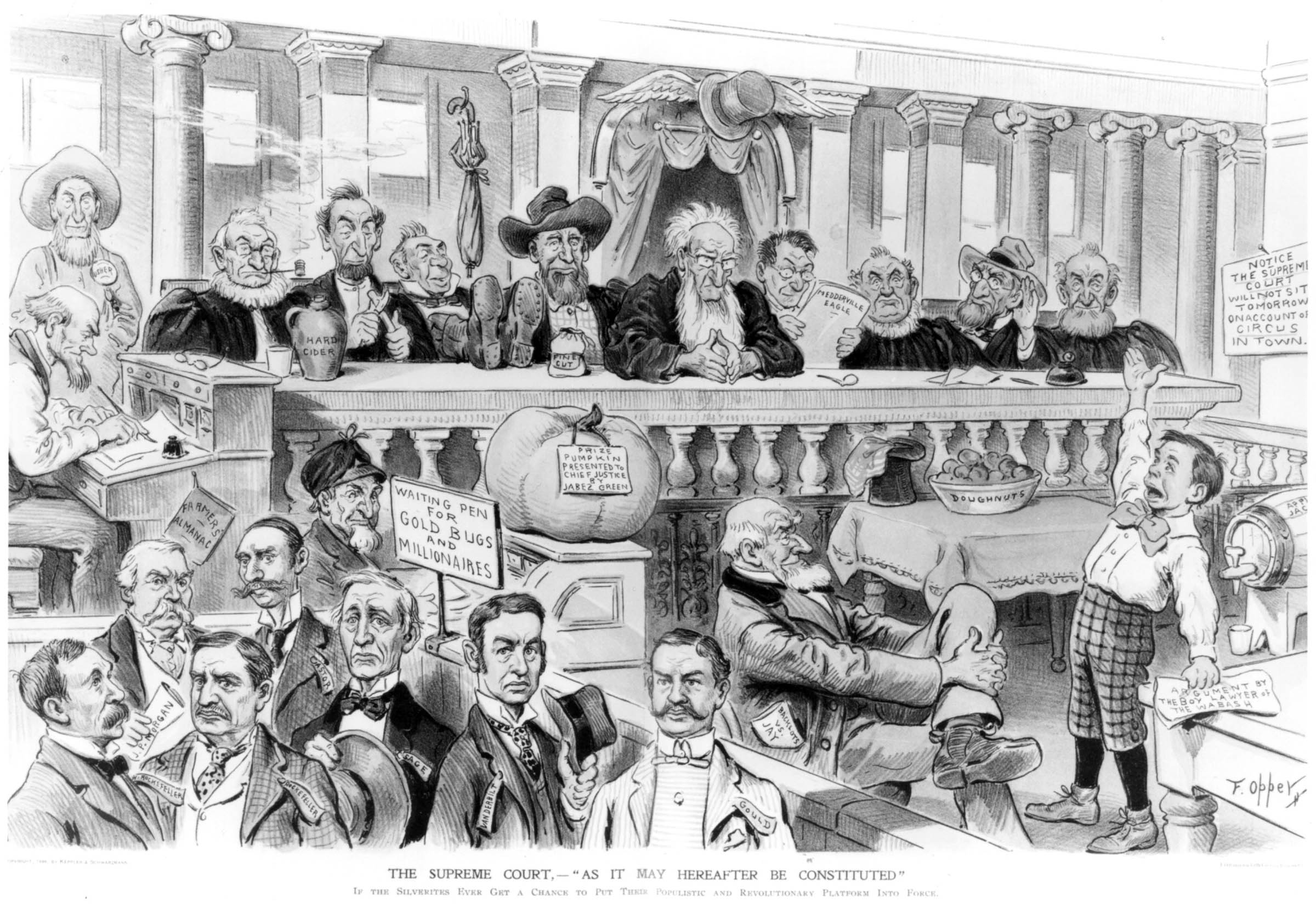 <em>Puck</em> presented an unabashedly cosmopolitan view of how the Supreme Court might appear if the Populists won the 1896 election. “Gold Bugs and Millionaires” huddle in a “waiting pen,” their fate in the hands of nine justices who collectively embody the rustic “old geezer” stereotype: sporting unkempt goatees, their dress severe but informal, their behavior unsophisticated in its lack of ceremony.