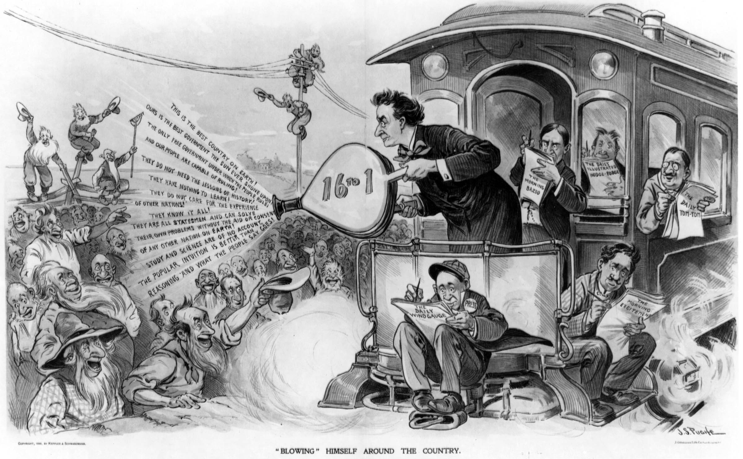 In September 1896, this <em>Puck</em> cartoon derided William Jennings Bryan’s candidacy, showing him pumping out political promises from a bellows marked “16 to 1” (the ratio of silver coinage to gold proposed by “soft money” reformers to ease the farm families’ economic plight). But the cartoon’s major target appears to be rank-and-file Populists, portrayed as gullible, whiskered, and ignorant.