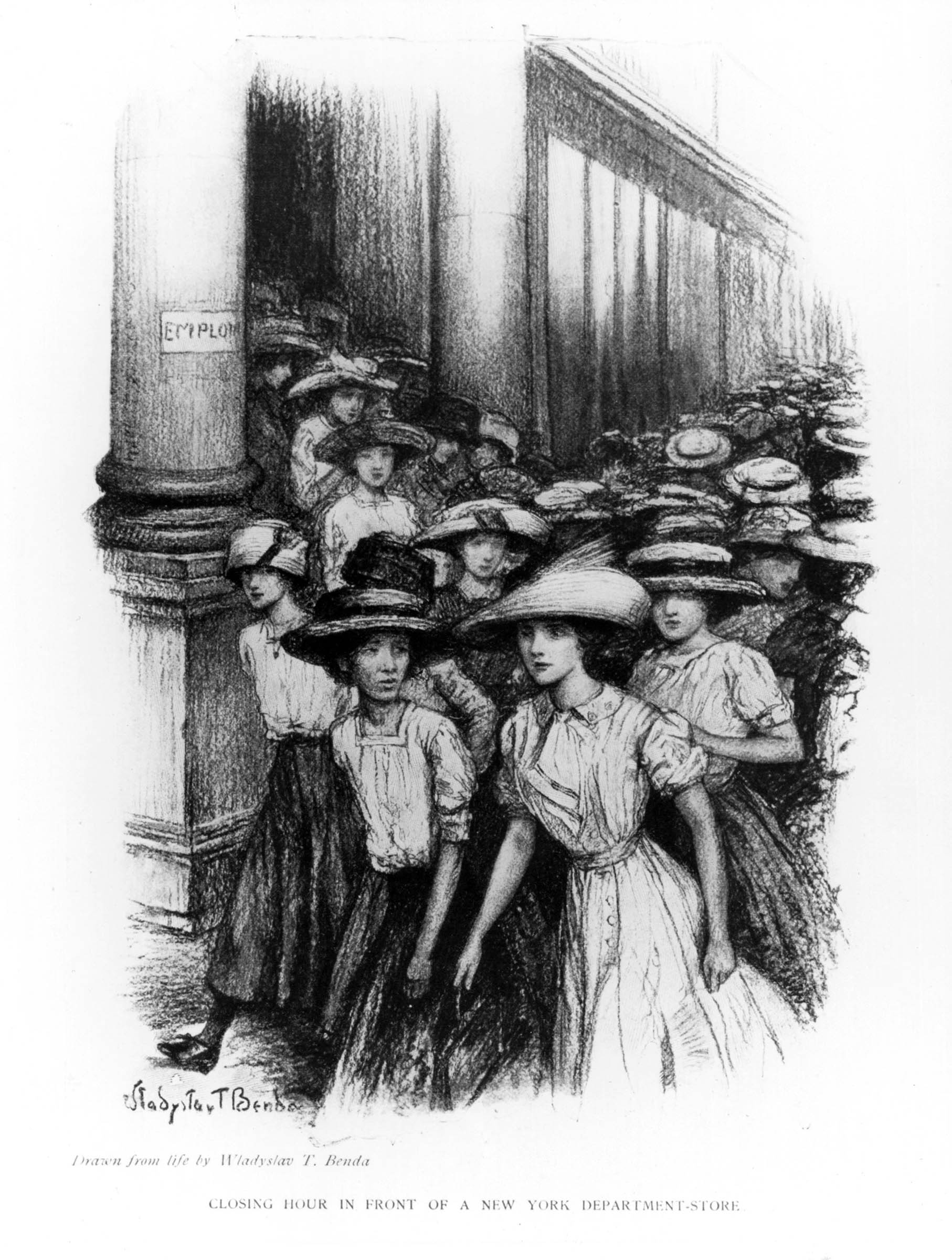 This illustration from a 1910 <em>McClure’s Magazine</em> showed young women employees leaving a New York department store at the end of the workday. Retail sales jobs were more attractive to young women than factory labor was, but wages were usually low and the work was tedious.