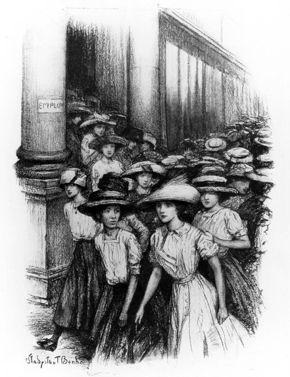 This illustration from a 1910 <em>McClure’s Magazine</em> showed young women employees leaving a New York department store at the end of the workday. Retail sales jobs were more attractive to young women than factory labor was, but wages were usually low and the work was tedious.