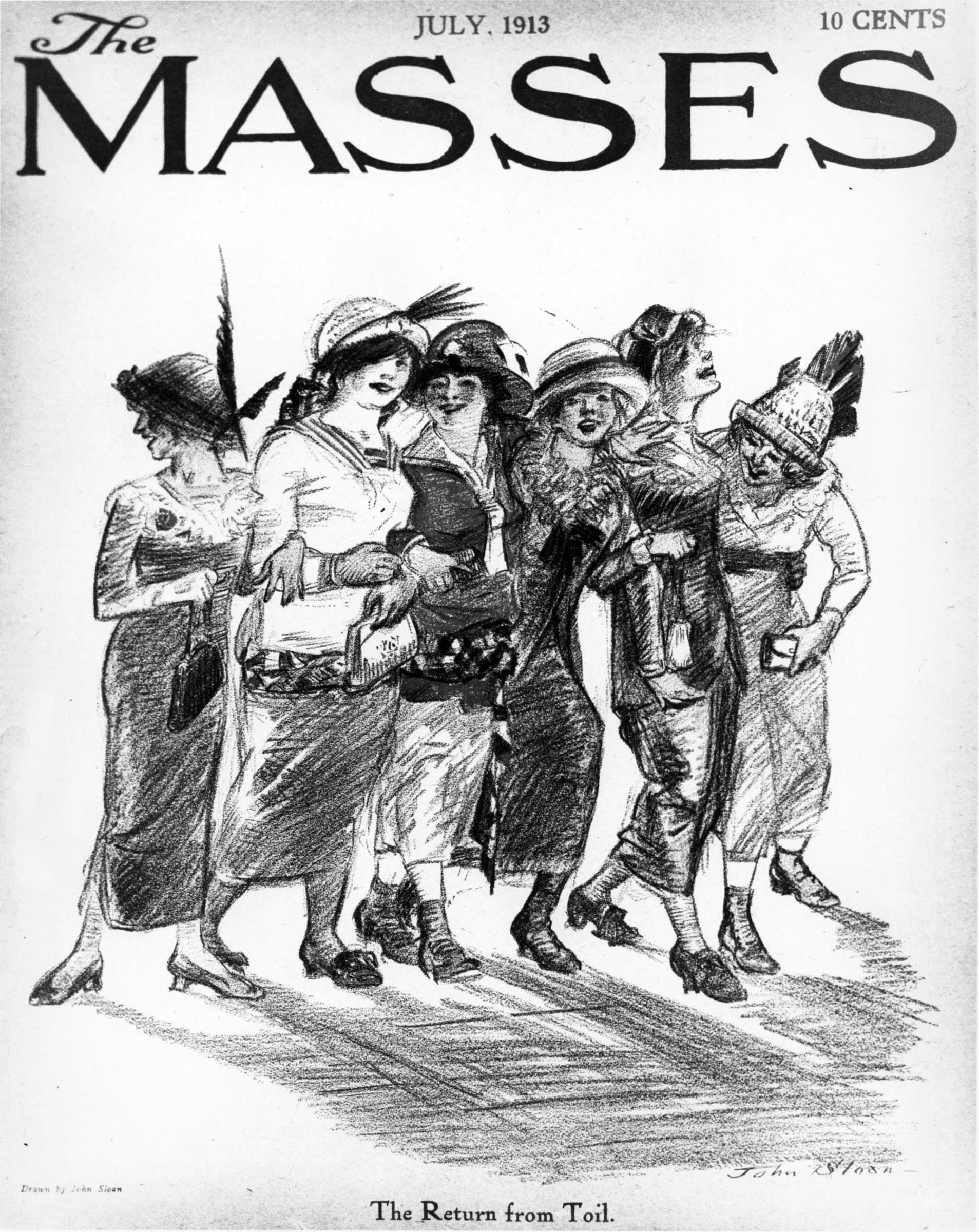 John Sloan’s cover illustration for the radical magazine <em>The Masses</em> presented working women in a new way. <em>The Masses</em> often portrayed women as the victims of oppressive working and labor conditions. Here, however, the magazine’s artist broke away from the standard sentimental or wretched stereotypes, instead showing working women as strong, independent, and exuberant individuals.