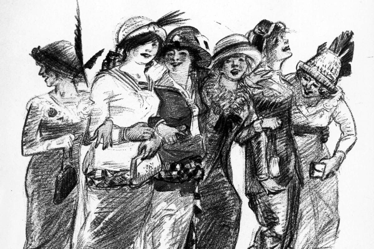 John Sloan’s cover illustration for the radical magazine <em>The Masses</em> presented working women in a new way. <em>The Masses</em> often portrayed women as the victims of oppressive working and labor conditions. Here, however, the magazine’s artist broke away from the standard sentimental or wretched stereotypes, instead showing working women as strong, independent, and exuberant individuals.