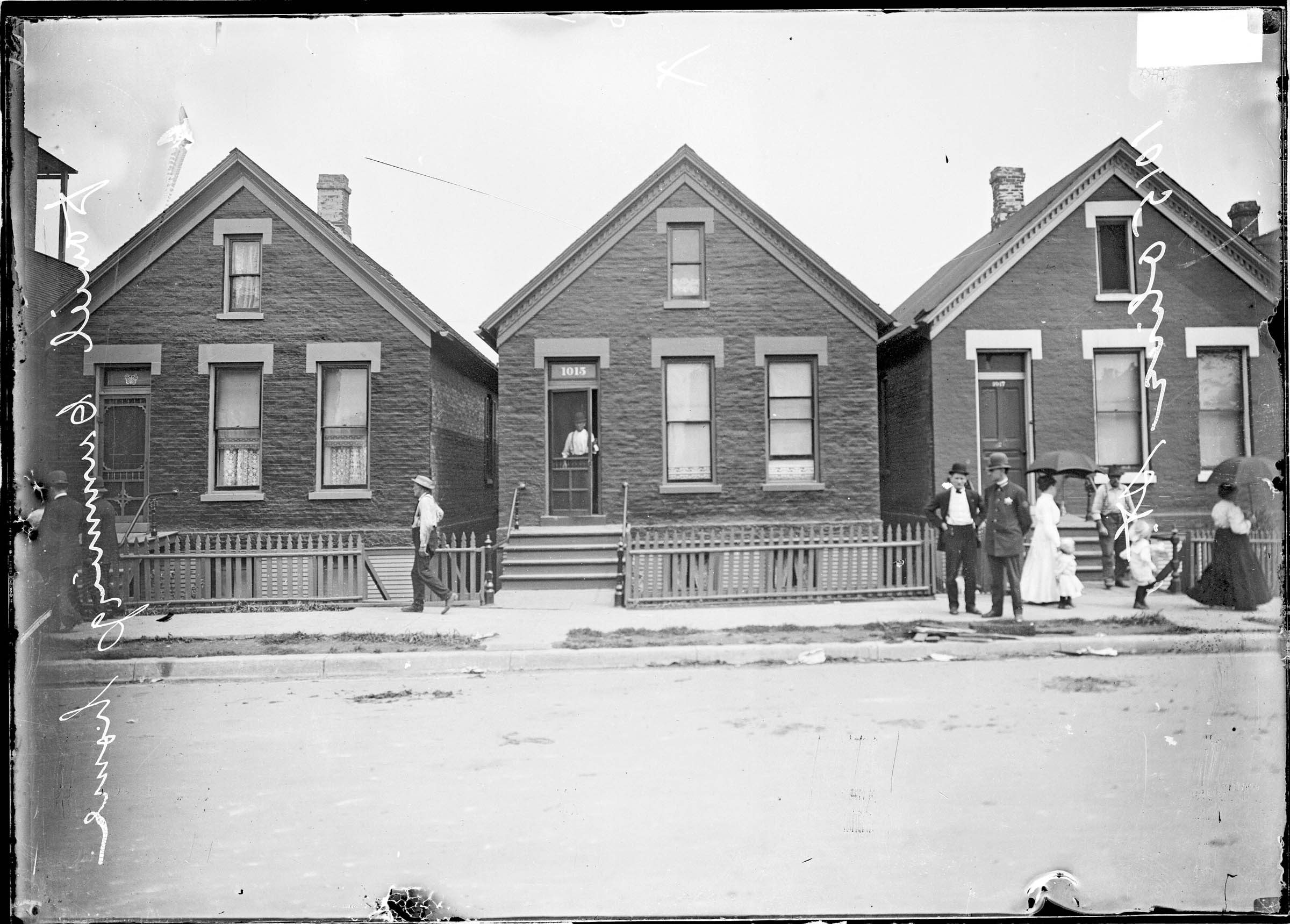 Some workers lived in employer-sponsored cottages located near their industrial employment. These houses were often similar to Daniel Cumming’s residence at 1015 Olive Street in Chicago, the middle of the three worker’s cottages shown here: one to one-and-a-half stories high with front facing gable roofs and decorative trim. Entrepreneurs and builders combined to supply inexpensive housing, but workers made significant sacrifices to move into the ranks of homeowners. In some cities, immigrants purchased homes at a rate equal to or greater than that of native-born residents.