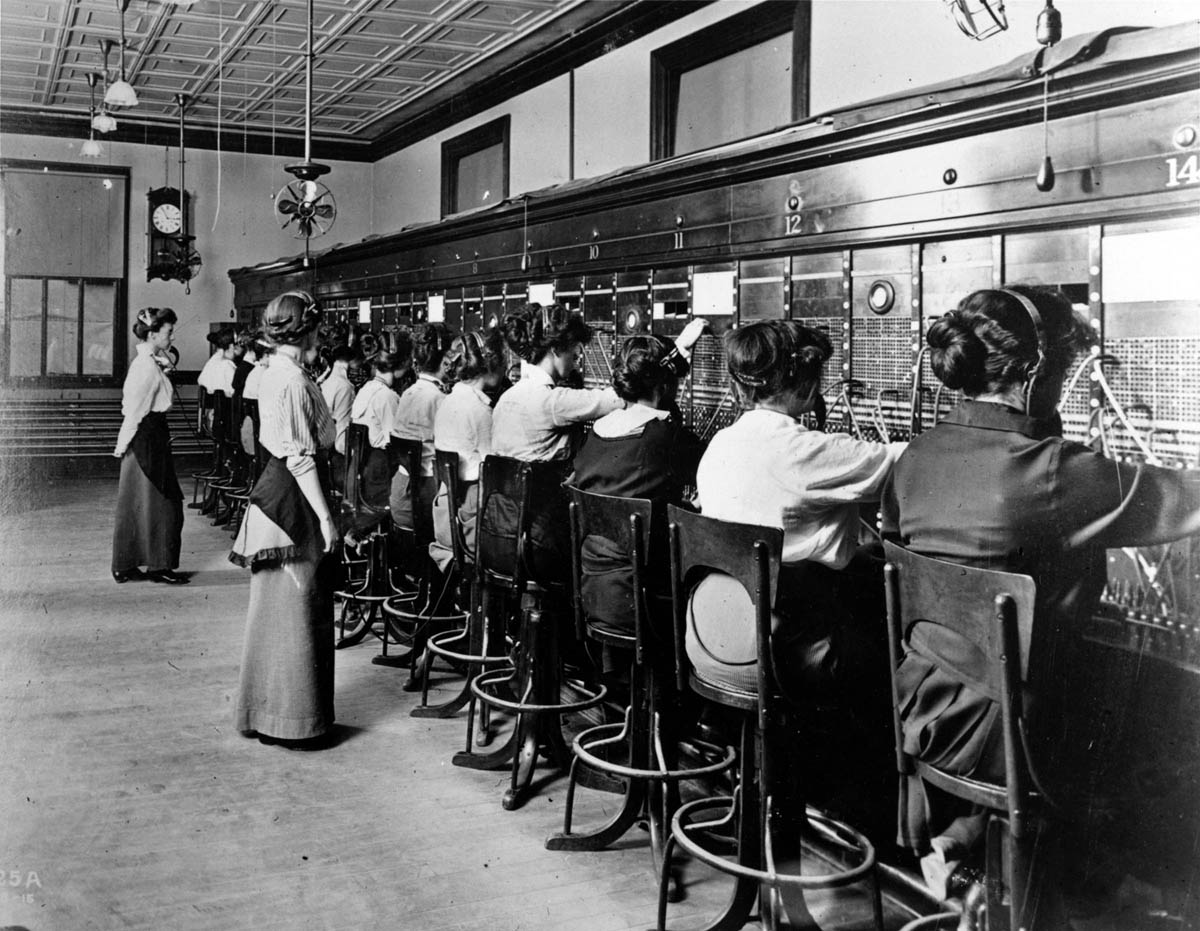 The work of telephone operators, such as these women at the New England Telephone Company switchboard in 1915, resembled industrial labor. Closely watched by supervisors, who monitored their speed and enforced rigid work rules, switchboard operators handled up to six hundred calls an hour.