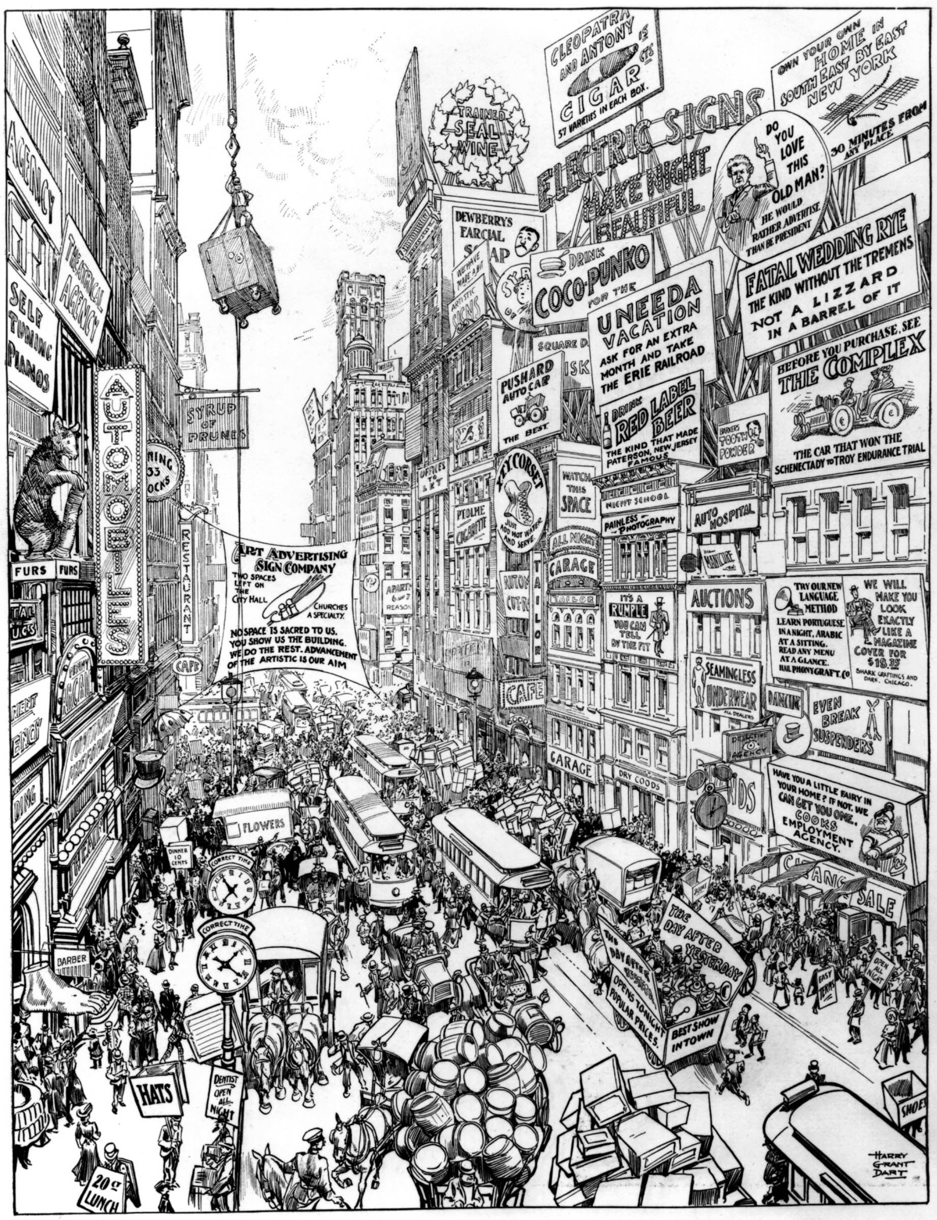 Harry Grant Dart’s illustration in a 1909 issue of <em>Life</em> magazine portrayed the increasingly aggressive and intrusive character of advertising in turn-of-the-century America.