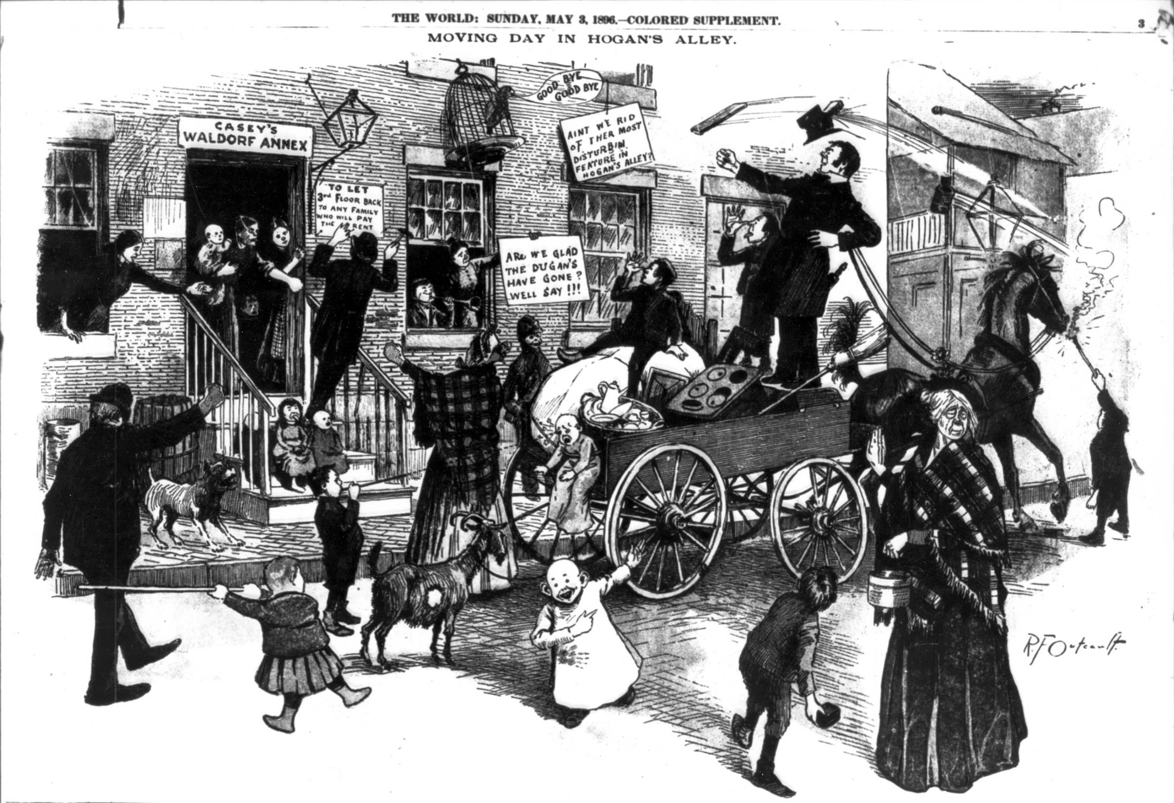 Richard F. Outcault’s color comic, first appearing in the <em>New York World</em> in 1896, lovingly portrayed the immigrant, working-class urban neighborhood as energetic and comically chaotic. <em>Hogan’s Alley</em> (also known as “The Yellow Kid,” named after the strange, hairless child in a yellow dress who appeared in each installment) instituted the serialized color comic strip as one of the many features in the new mass-circulation newspapers. Like the movies, newspapers now gained a broad audience by offering a range of features designed to please every taste.