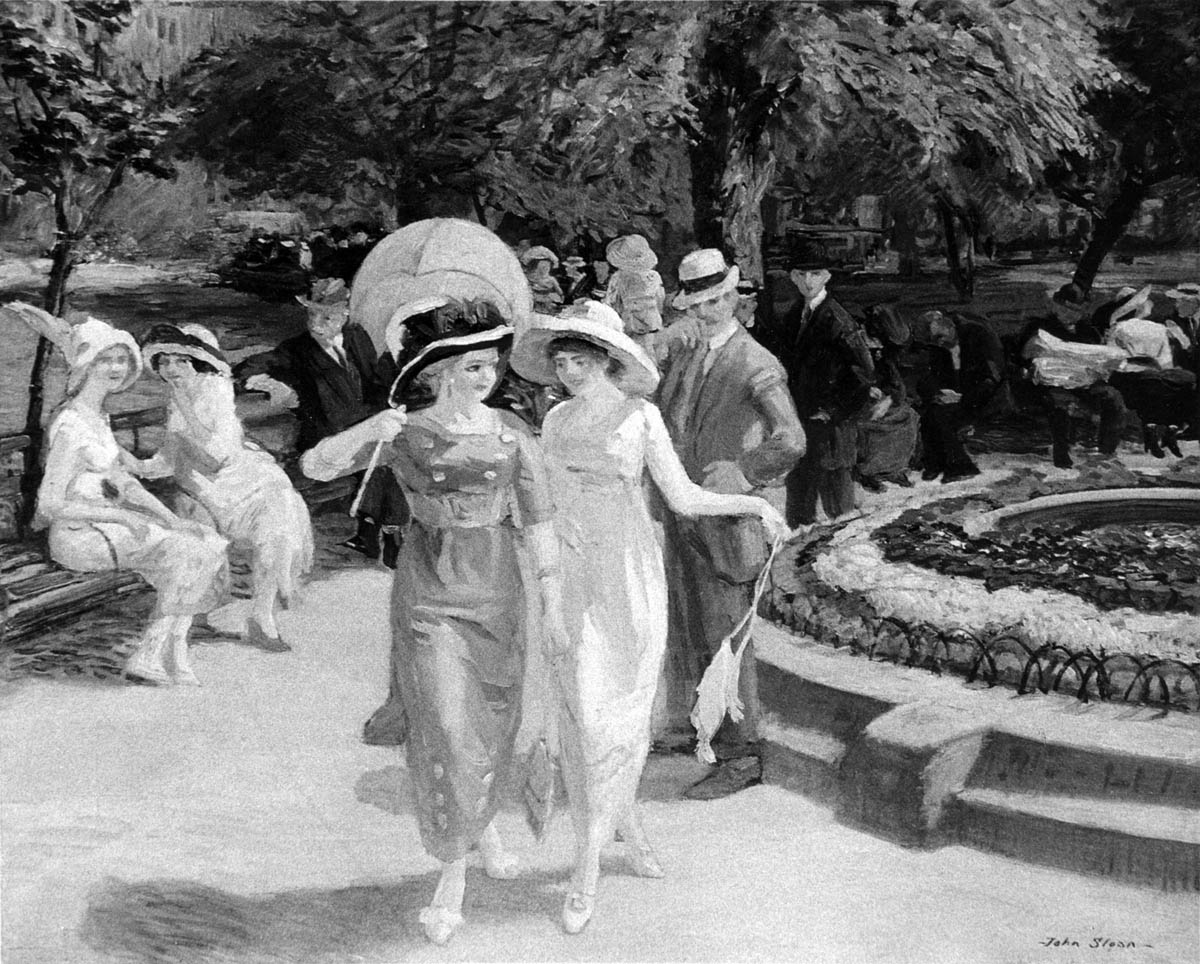 At the turn of the century, a group of painters, later termed the Ashcan School, was inspired by the city’s diverse population and popular institutions. In particular, John Sloan recorded and celebrated the ways in which New Yorkers dealt with living in a new, heterogeneous environment populated by strangers. In this 1912 painting, for example, he showed how public spaces such as city parks offered people opportunities to watch and assess one another.