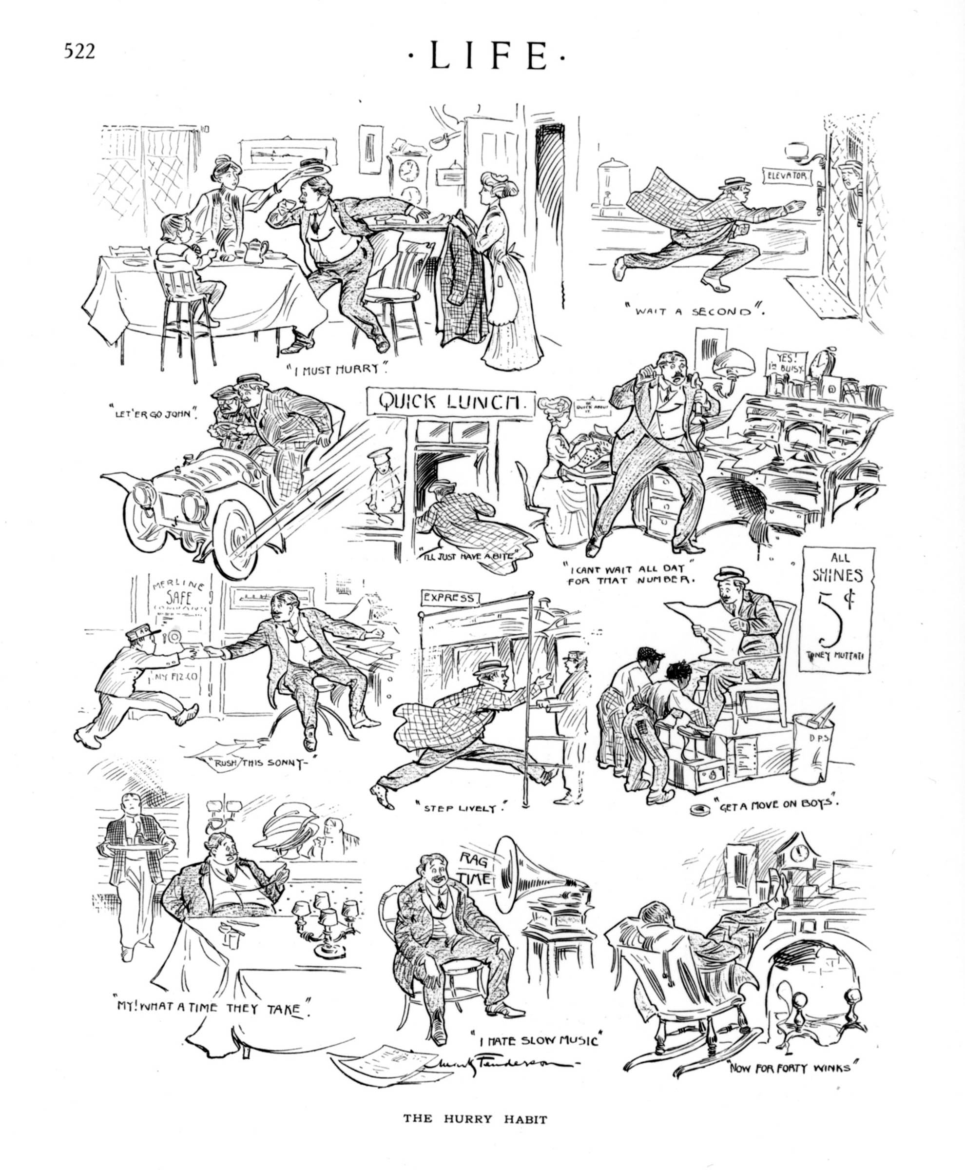 This 1914 cartoon, which appeared in <em>Life</em> magazine, commented on the increasingly frenetic nature of middle-class life in the early twentieth century.