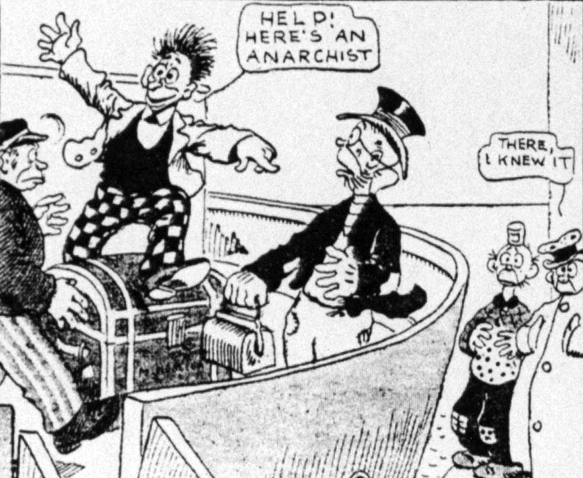 Beginning in 1900, Frederick Opper’s comic strip featuring the hapless tramp was a major attraction of William Randolph Hearst’s <em>New York Journal</em>. Unlike Riebe’s <em>Mr. Block</em> (see below), Happy Hooligan was the undeserving victim of the abuses and insanities of American society, including, in this strip, popular hysteria about anarchists and the police penchant for summary justice.