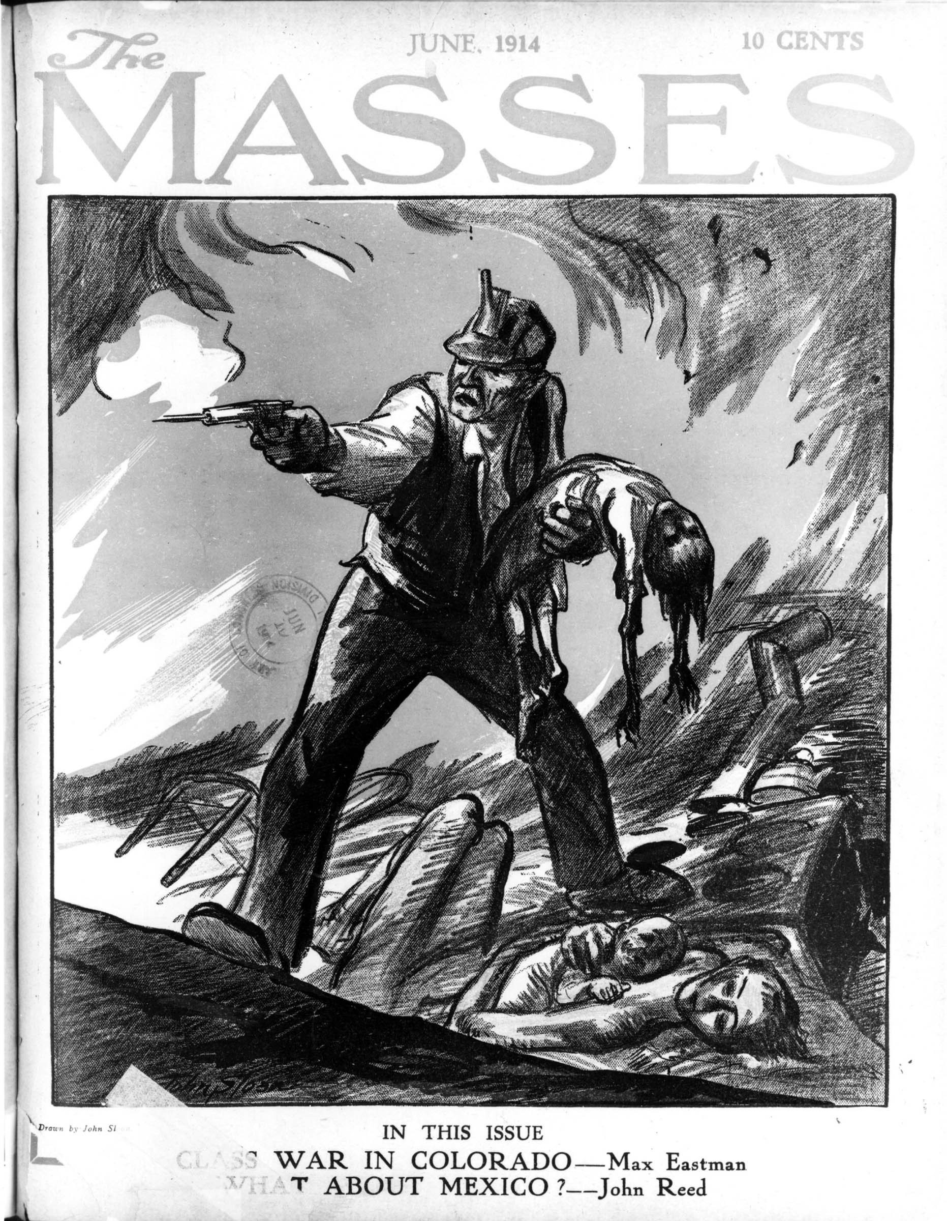 John Sloan’s April 1914 cover illustration for <em>The Masses</em> portrays the devastation and death wrought by the Colorado militia and Rockefeller-hired private police on the miners’ tent colony but also emphasizes the strikers’ continued resistance.