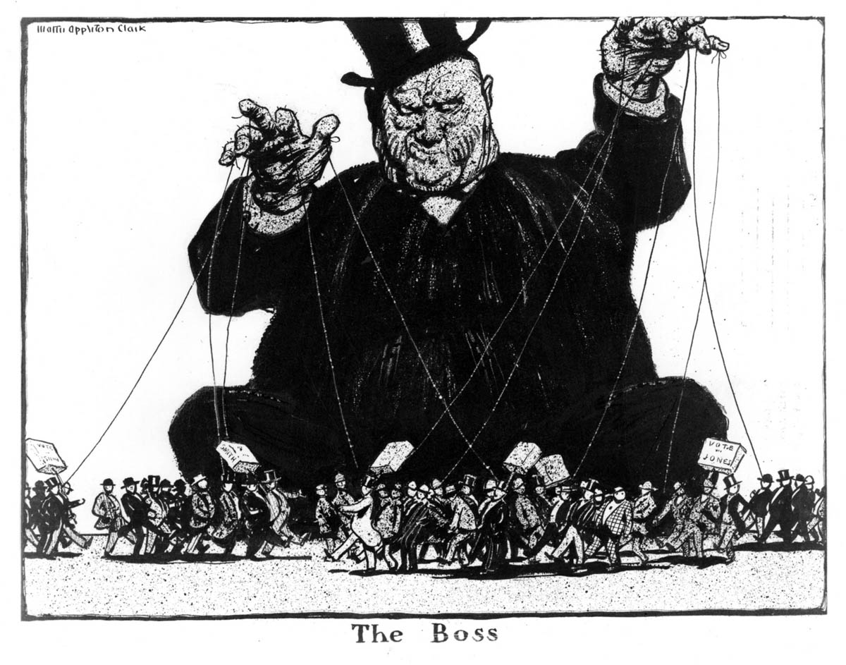 The standard reform perspective of the urban political machine appeared in <em>Collier’s</em> in 1906. Graphically, the conception of the Boss had changed very little since Thomas Nast’s Tweed Ring caricatures of the 1870s.