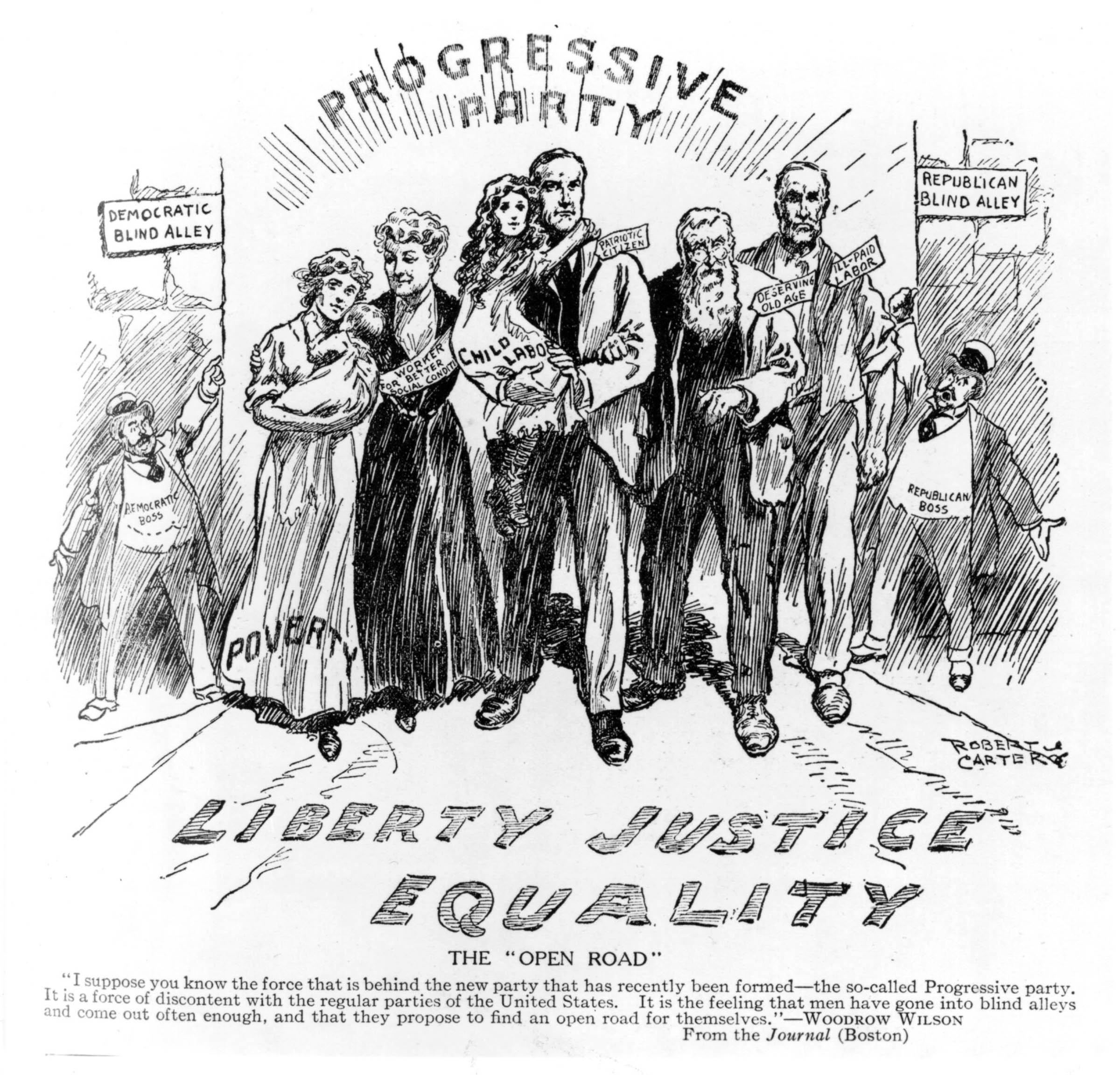 This 1916 cartoon celebrating the insurgent Progressive Party drew its title from a quote by Woodrow Wilson, stating that Americans who were discontented with traditional party politics proposed to “find an open road for themselves.”