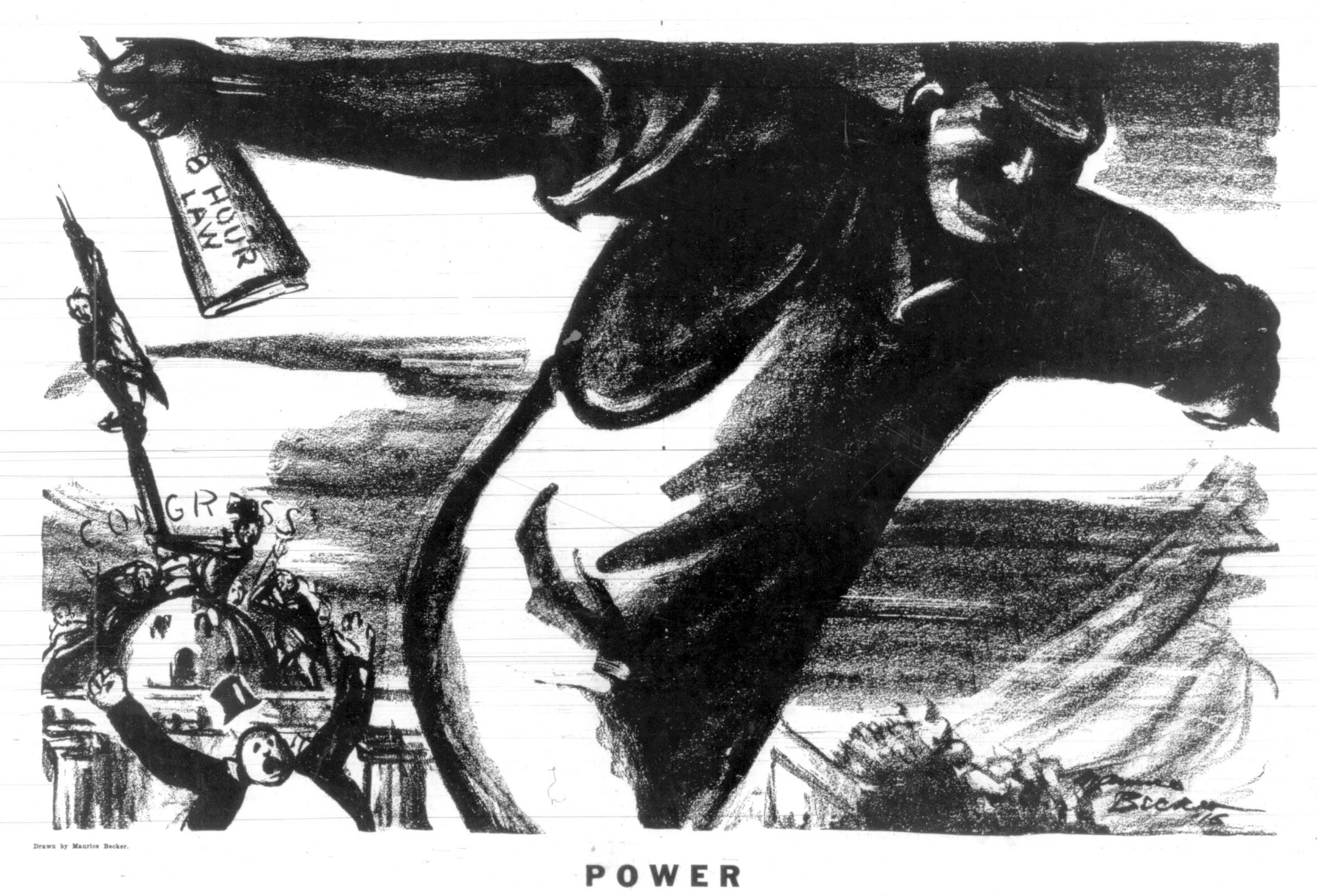 Maurice Becker in the radical monthly <em>The Masses</em> celebrated the passage of the Adamson Act in 1916, which specified an eight-hour workday (with additional pay for overtime labor) for employees of railroads engaged in interstate commerce.