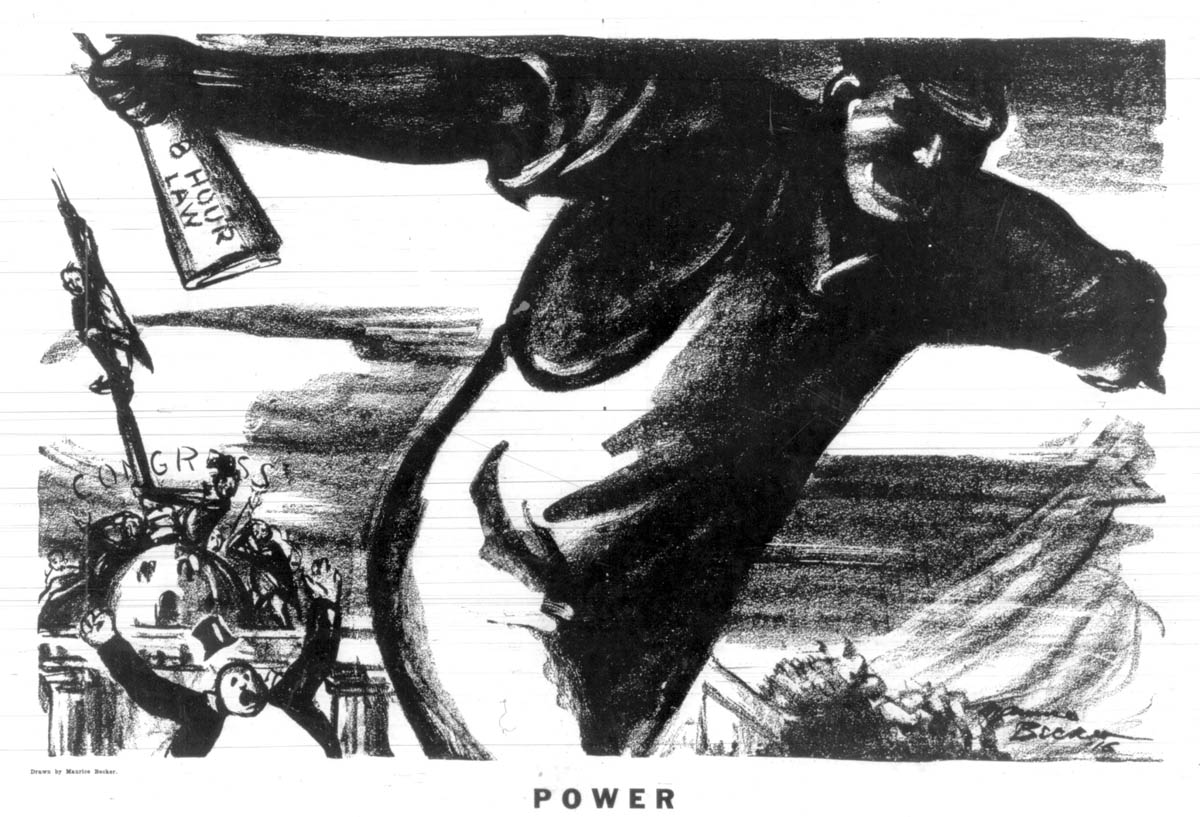 Maurice Becker in the radical monthly <em>The Masses</em> celebrated the passage of the Adamson Act in 1916, which specified an eight-hour workday (with additional pay for overtime labor) for employees of railroads engaged in interstate commerce.