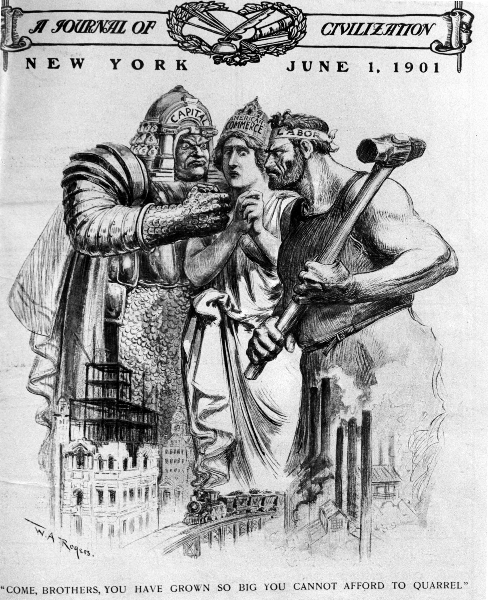 William A. Rogers’s 1901 <em>Harper’s Weekly</em> cover depicted capital and labor as evenly matched—with commerce a beleaguered referee. Variations on this theme appeared frequently in the Progressive era’s mainstream press. Commerce alternated with other allegorical figures such as “The Nation” or “The Public,” suggesting that organized labor now represented a powerful interest, equal to capital and equally oblivious to how its actions affected the well-being of ordinary Americans.