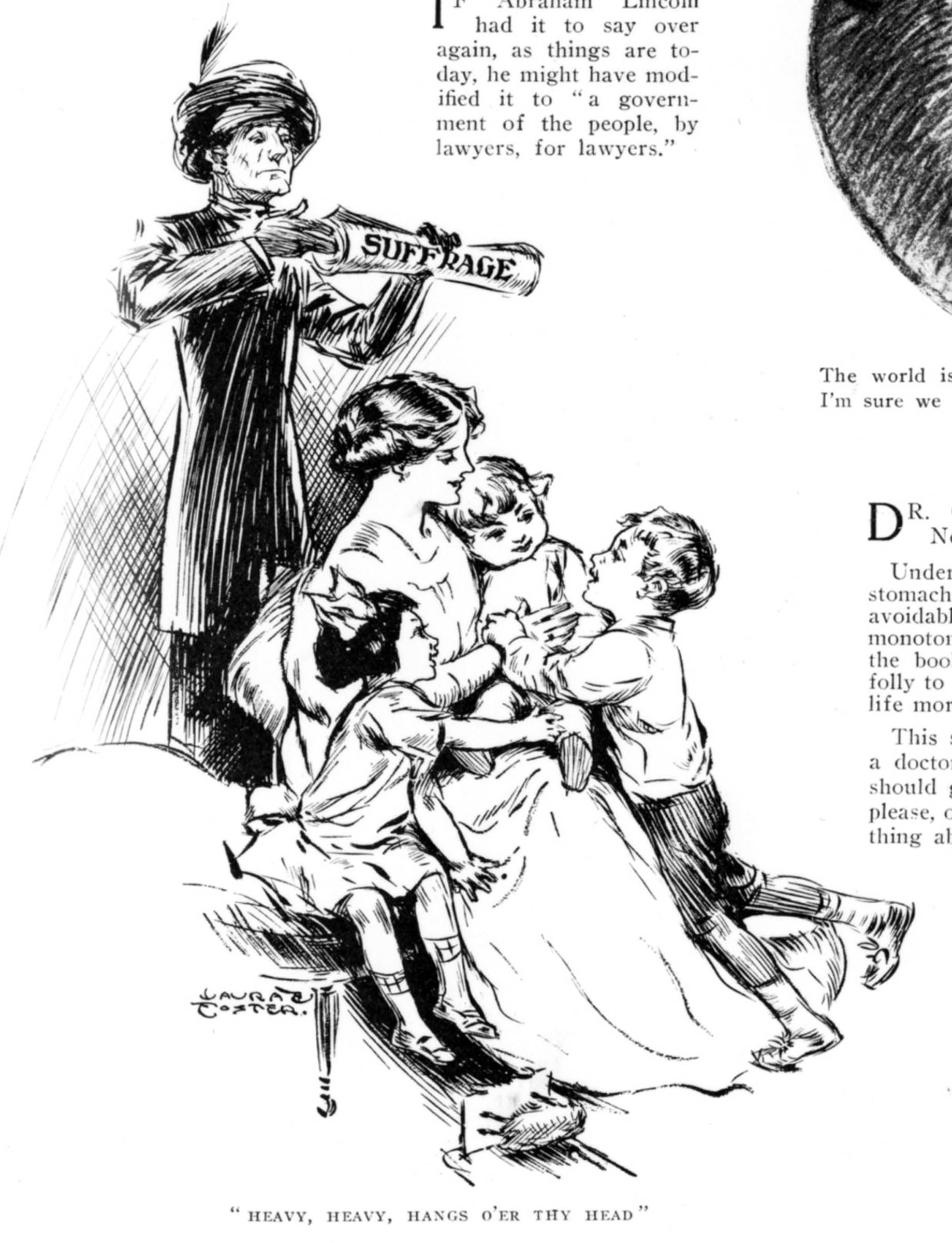 A 1911 antisuffrage cartoon published in a satirical weekly (and, unusually, drawn by a woman) presented woman suffrage—and its female proponents—as a threat to conventional family roles. While this idea was foremost in the minds of many women antisuffragists, historians have also argued that they organized to protect gendered class interests, as many of the most vocal antisuffragists were wealthy, educated women who already exercised political influence.