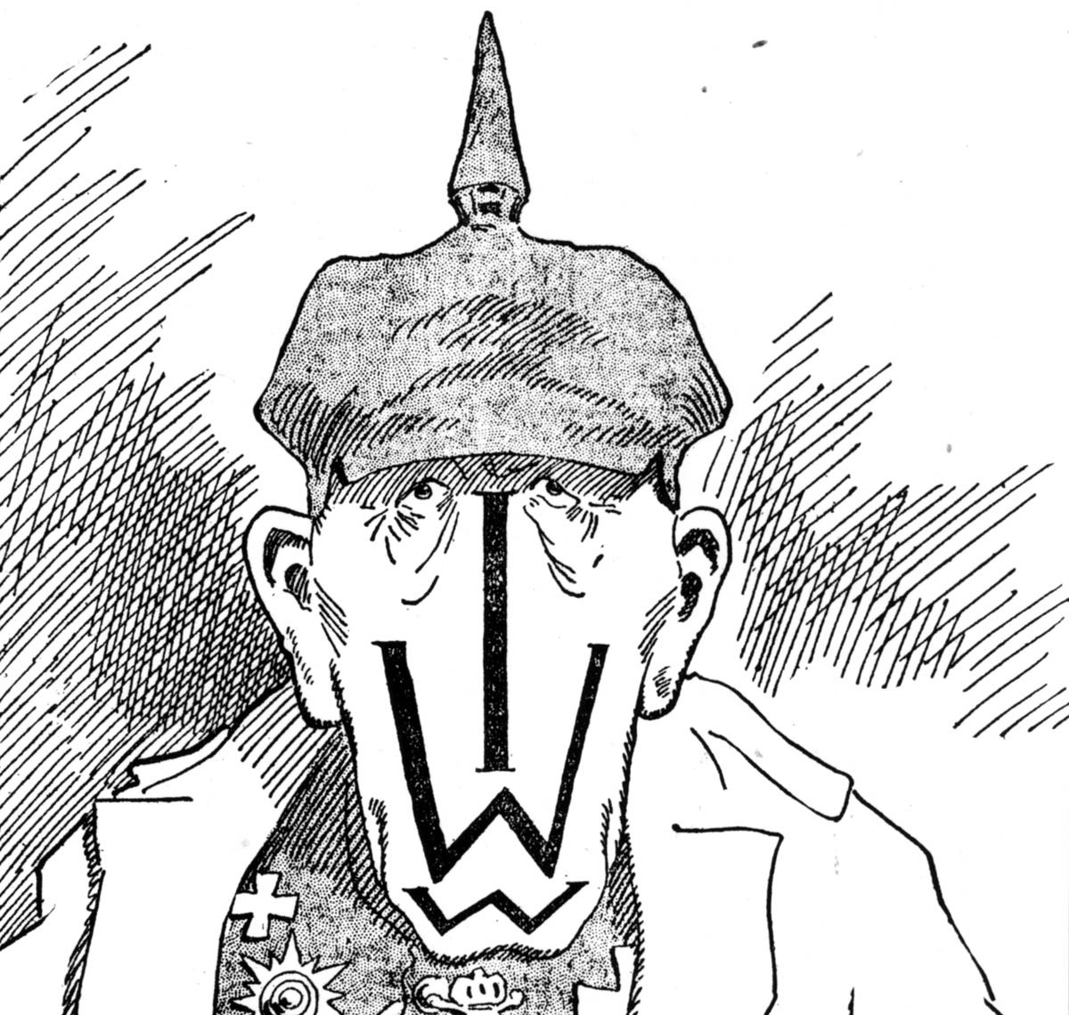 By using the acronym “I.W.W.” in place of the features of Kaiser Wilhelm, this 1917 <em>New York Globe</em> cartoon accused the Wobblies of treason.