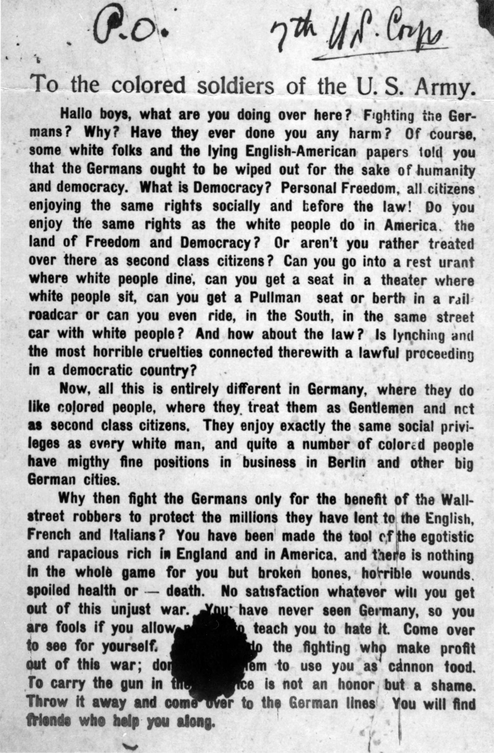 This propaganda leaflet was dropped by German airplanes behind American lines. By stressing racist conditions in the United States, the leaflets attempted to destroy morale and encourage desertion among African American troops.