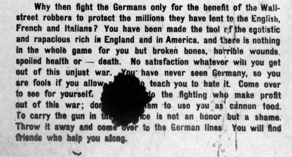 This propaganda leaflet was dropped by German airplanes behind American lines. By stressing racist conditions in the United States, the leaflets attempted to destroy morale and encourage desertion among African American troops.