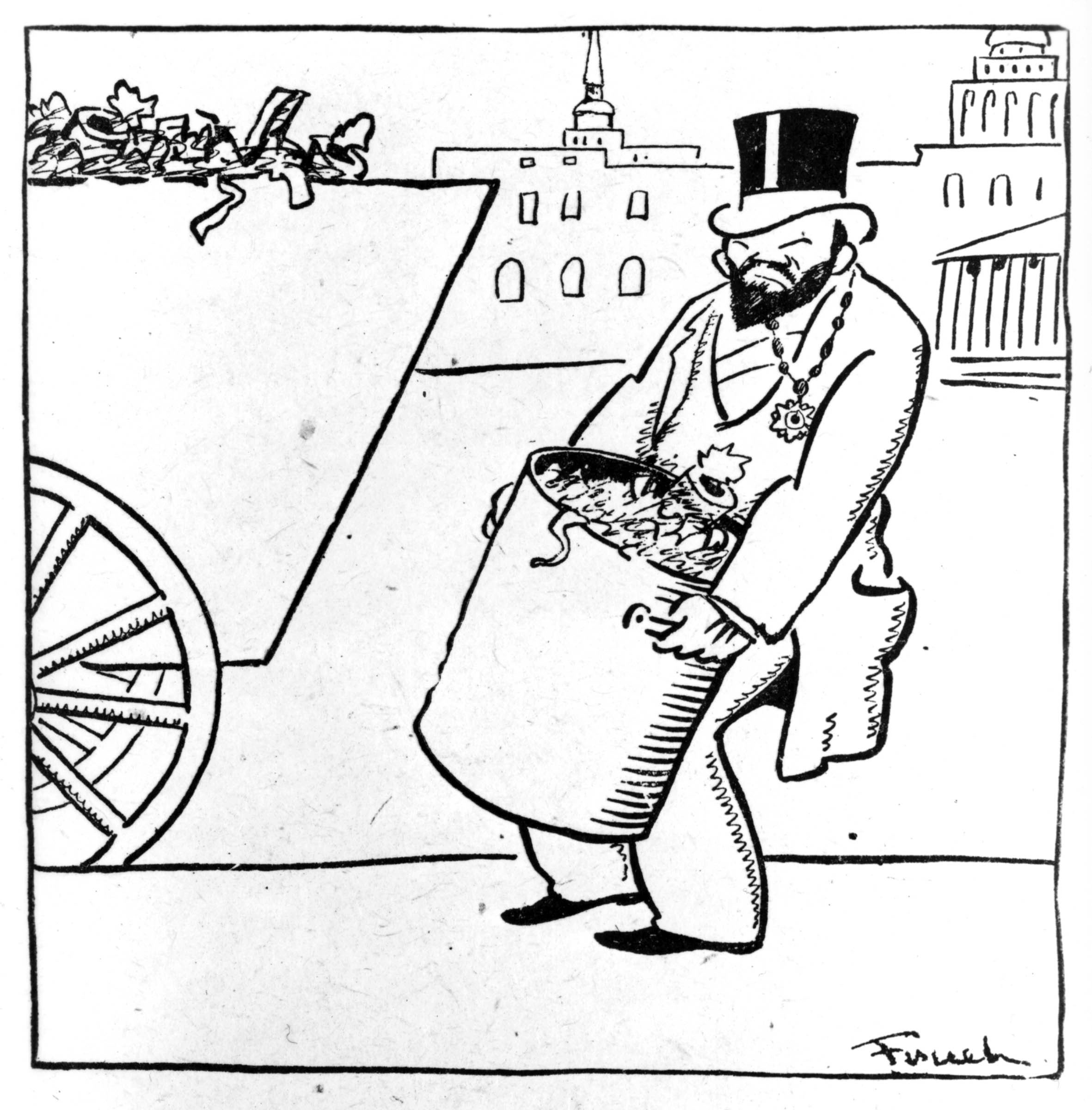 This cartoon, one of a series by Alfred Frueh in the radical weekly <em>Good Morning</em>, celebrated the Bolshevik Revolution’s impact on Russia’s aristocracy: “Count Parasitsky will not occupy his palatial residence in the mountains this summer,” reads the caption. “He expects to remain in the city and do uplift work.”