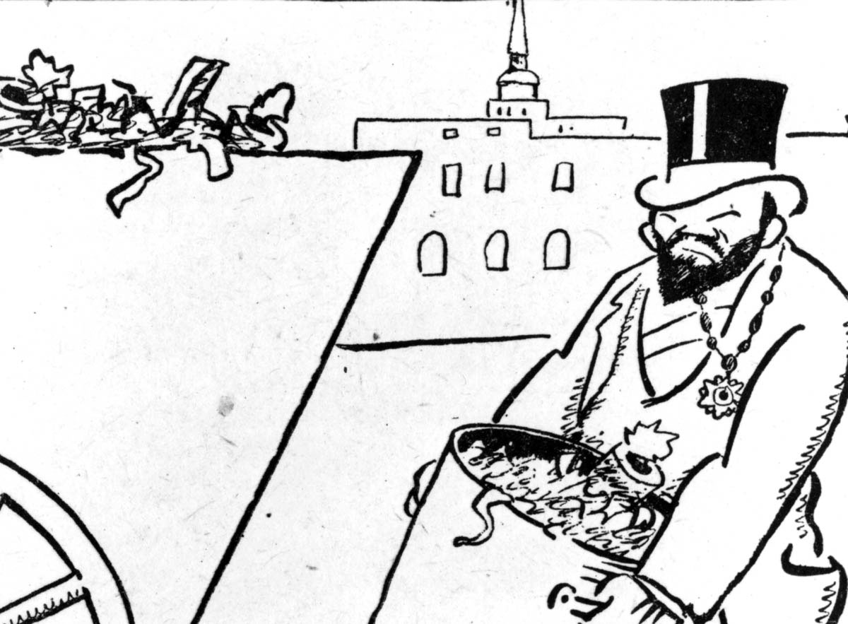 This cartoon, one of a series by Alfred Frueh in the radical weekly <em>Good Morning</em>, celebrated the Bolshevik Revolution’s impact on Russia’s aristocracy: “Count Parasitsky will not occupy his palatial residence in the mountains this summer,” reads the caption. “He expects to remain in the city and do uplift work.”