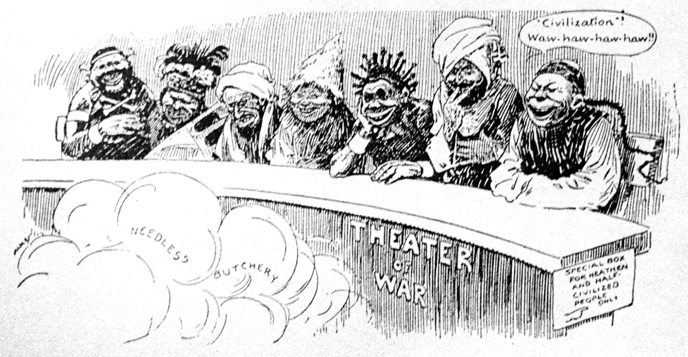 A 1914 cartoon published in the <em>Chicago Daily News</em> used racial chauvinism to condemn the European war for undermining the moral supremacy of “Western Civilization.”