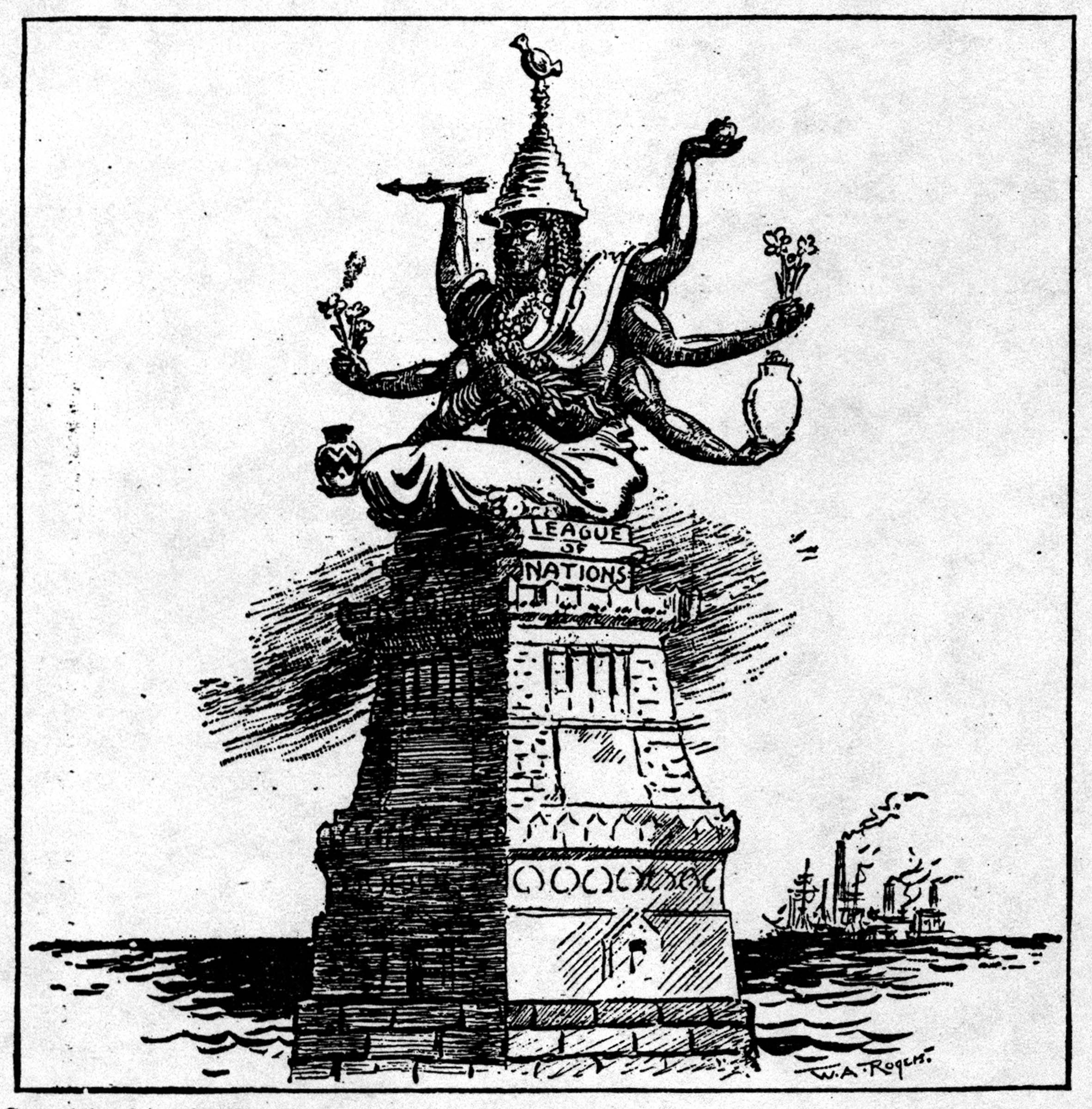 A cartoon in the <em>New York Herald</em>, showing the Statue of Liberty replaced by an exotic statue resembling the Hindu goddess Kali, cast suspicion on the internationalism that the League of Nations espoused. Isolationist politicians and other opponents of the League raised fears that international organizations might restrain U.S. power and autonomy.