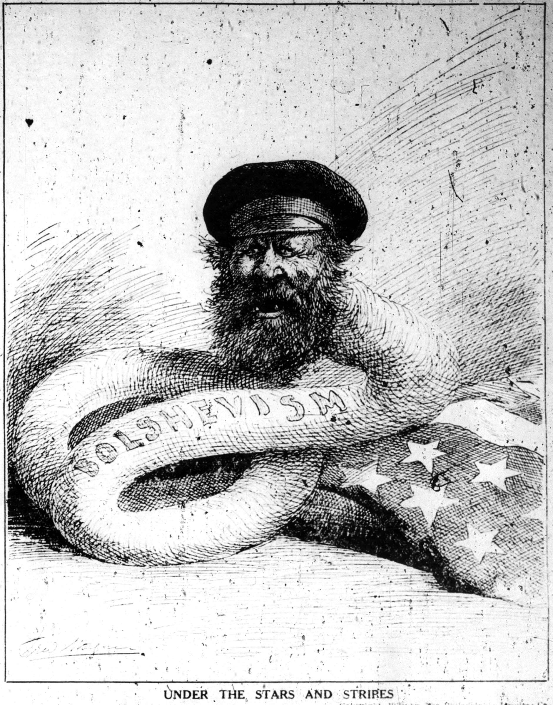 Daily representations of subversion and menace, such as this Bolshevik serpent in the <em>Philadelphia Inquirer</em>, also carried a strong anti-immigrant message, fueling the 1919 Red scare.