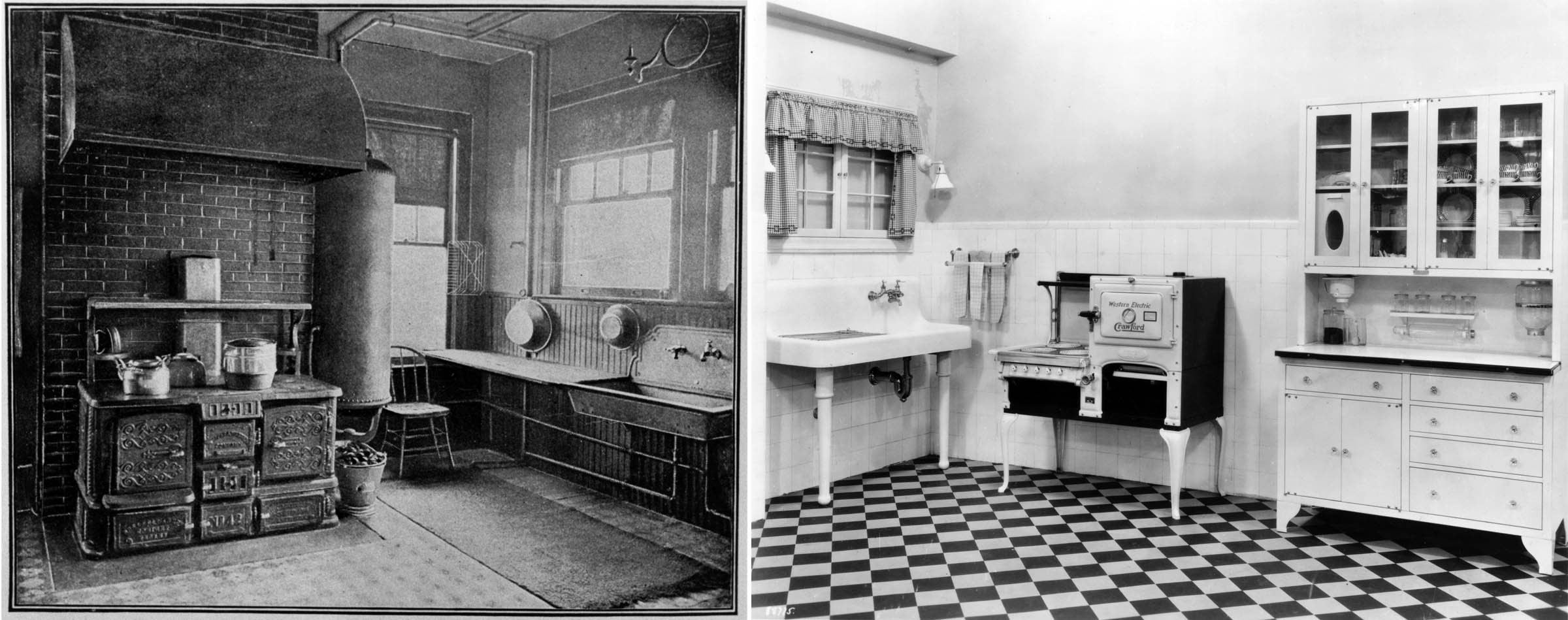 A quarter of a century separated these two “model kitchens” that demonstrate how technology and new consumer products—including washing machines and vacuum cleaners—changed housework. The wood stove in the 1899 kitchen, for example, stands in sharp contrast to the 1924 showcase electric stove. Nevertheless, some innovations were far beyond the means of many American families; more than one-third of all U.S. households still had wood or coal stoves in 1940.