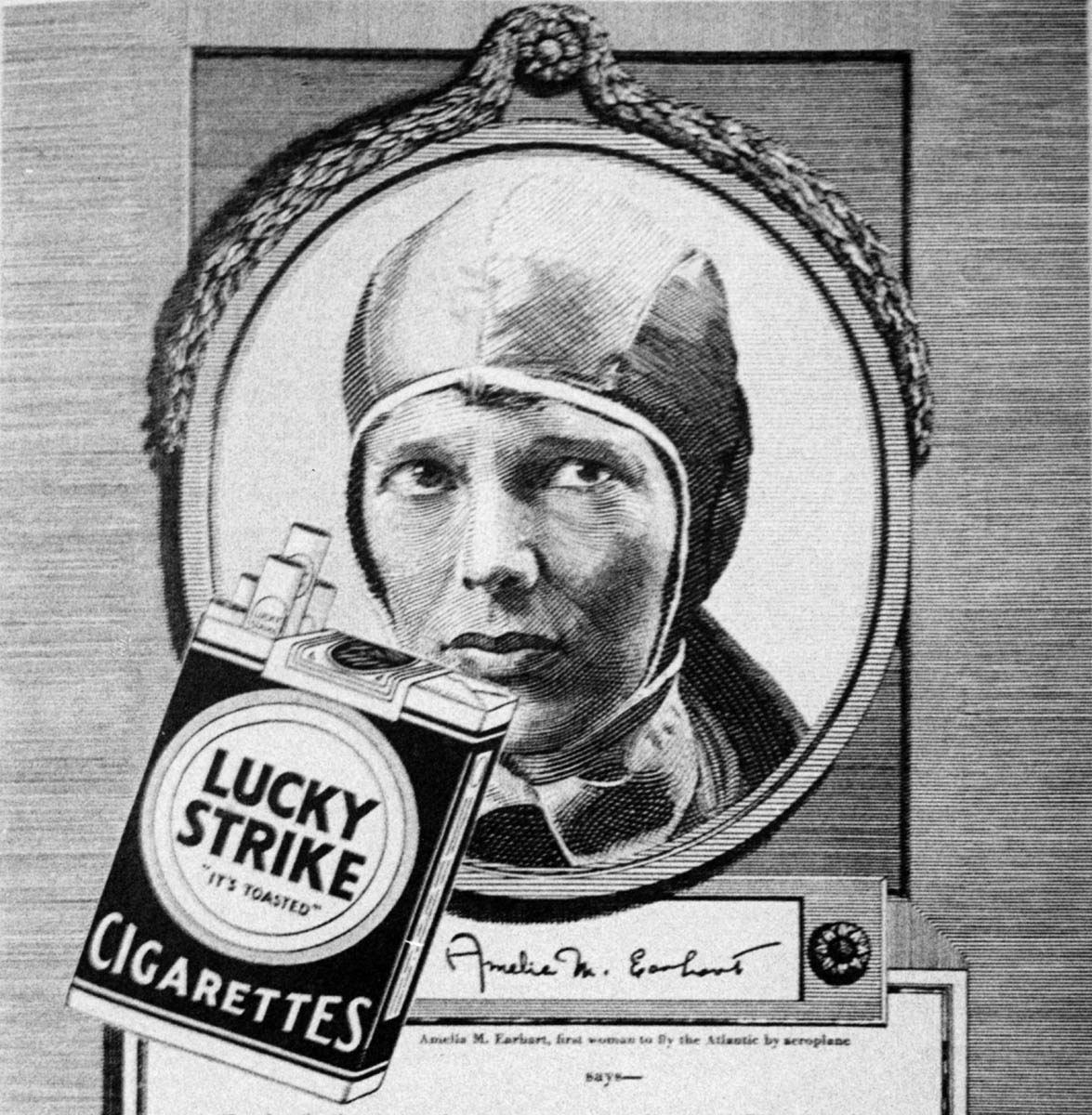 In this 1928 advertisement, aviator Amelia Earhart, the first woman to complete a solo flight across the Atlantic, testifies to the pacifying virtues of Lucky Strikes.