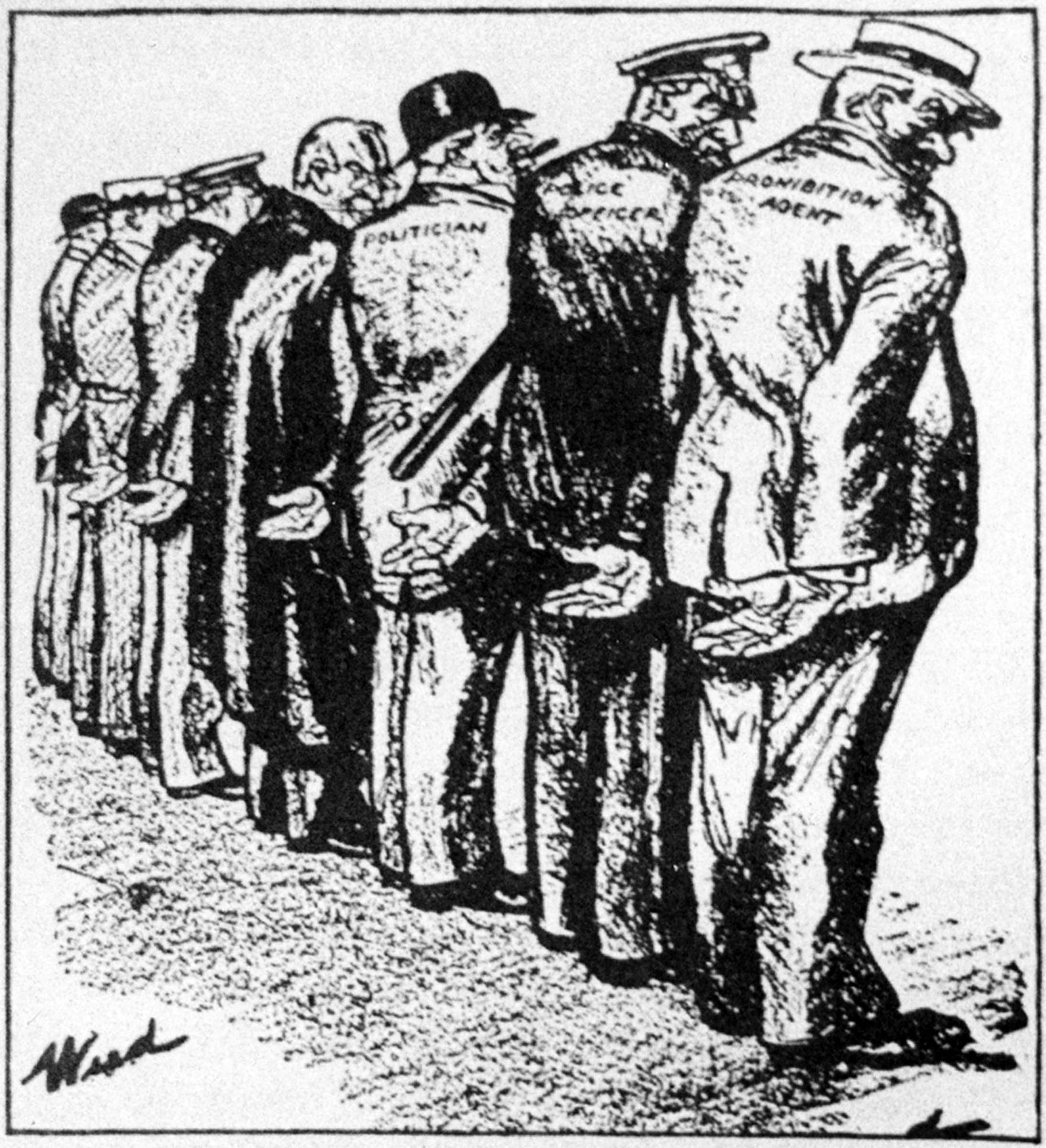 A 1926 cartoon by Clive Weed in the satirical weekly <em>Judge</em> commented on the escalation of governmental corruption during Prohibition.