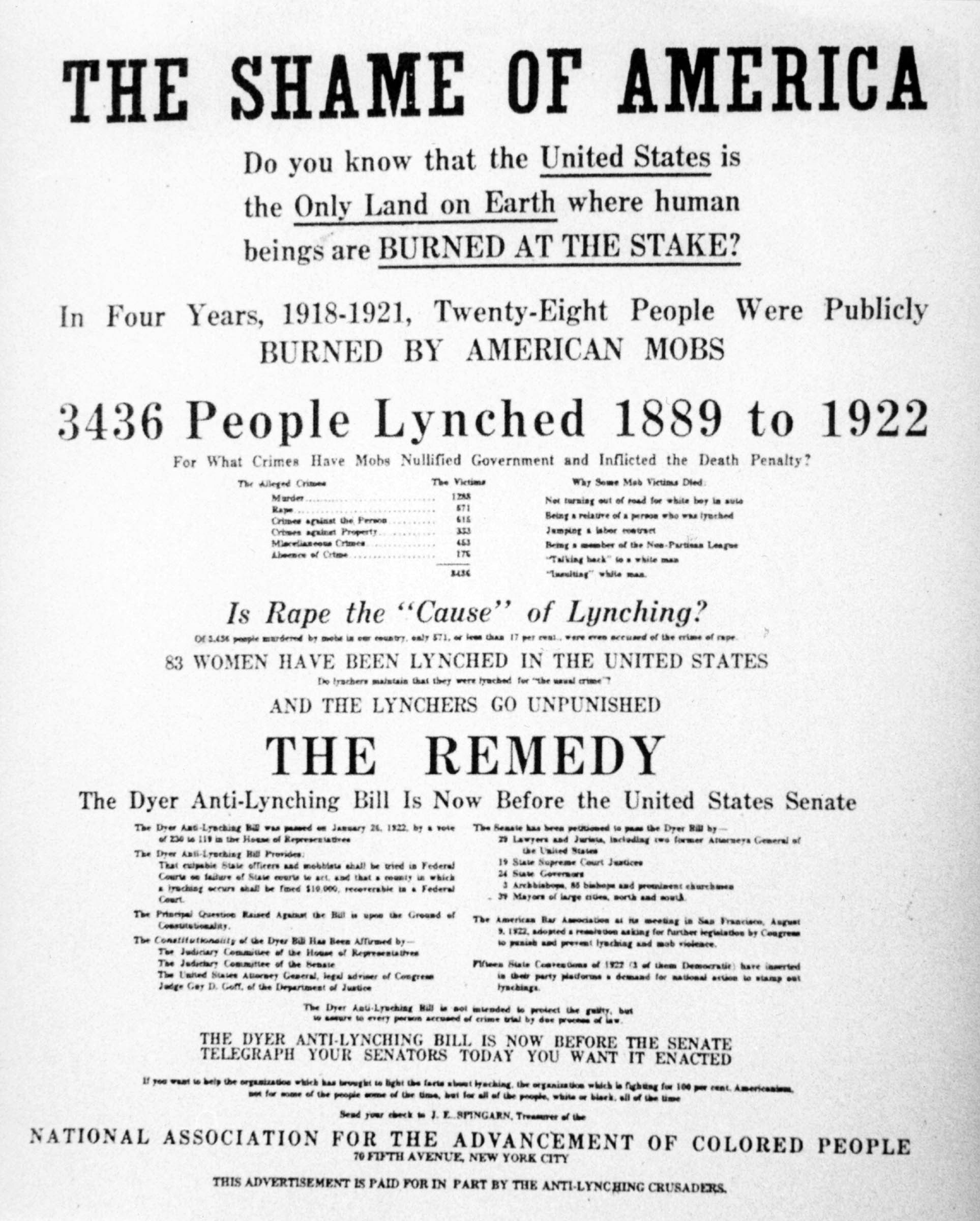 During November 1922, the NAACP ran this full-page advertisement in the <em>New York Times</em> and other newspapers, pressing for passage of an antilynching bill that had been introduced in the House of Representatives by Leonides Dyer of Missouri in 1918. Although the bill passed in the House by a two-to-one majority in 1922, southern opponents subsequently filibustered and defeated it in the U.S. Senate.