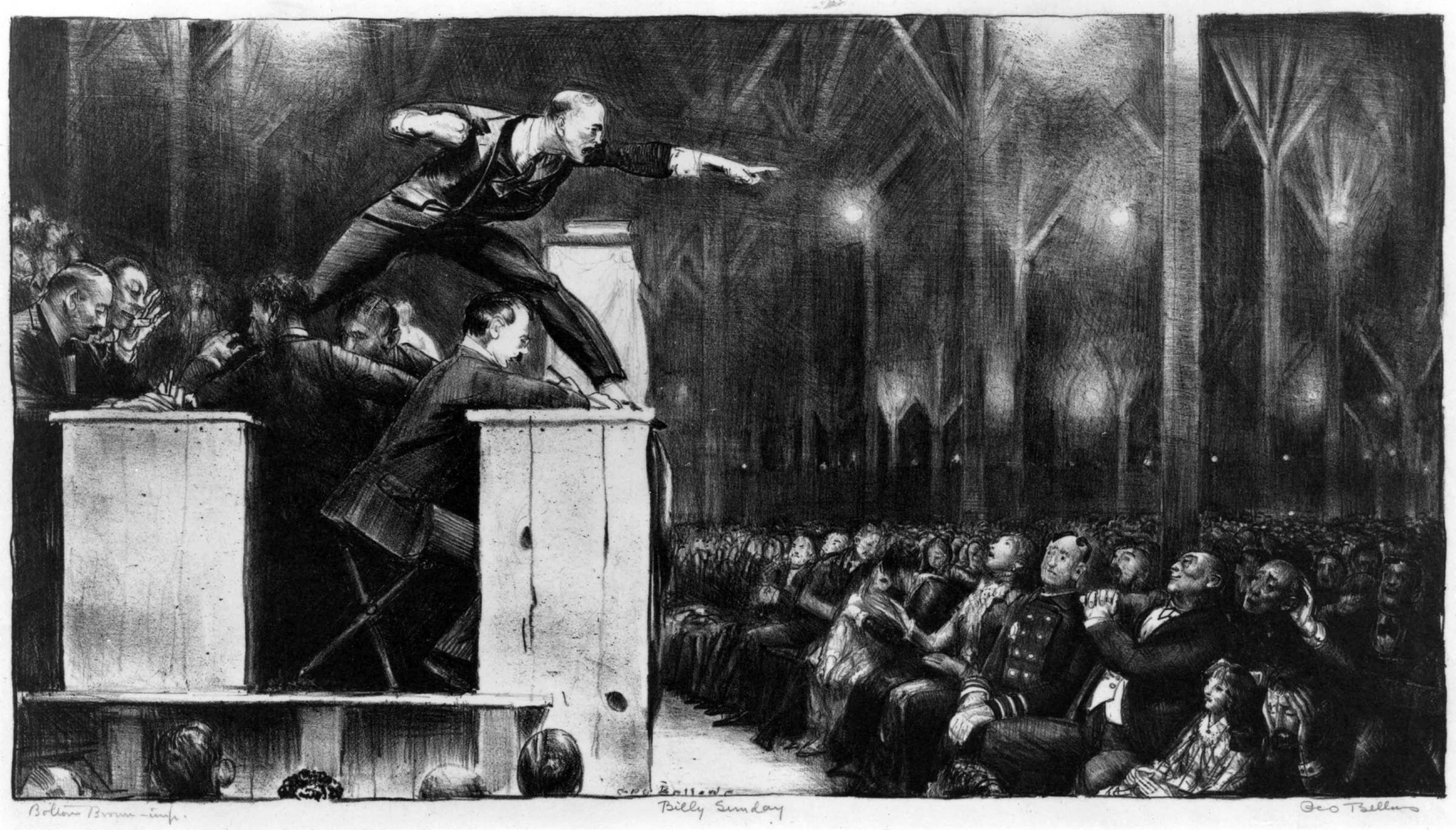 George Bellows’s 1923 lithograph of William Ashley Sunday, the professional baseball player turned evangelical minister, captures the atmosphere of revival meetings during the 1920s. Preaching a return to “old-time religion,” traveling evangelists such as Sunday relied on techniques that were inspired by forms of mass entertainment.