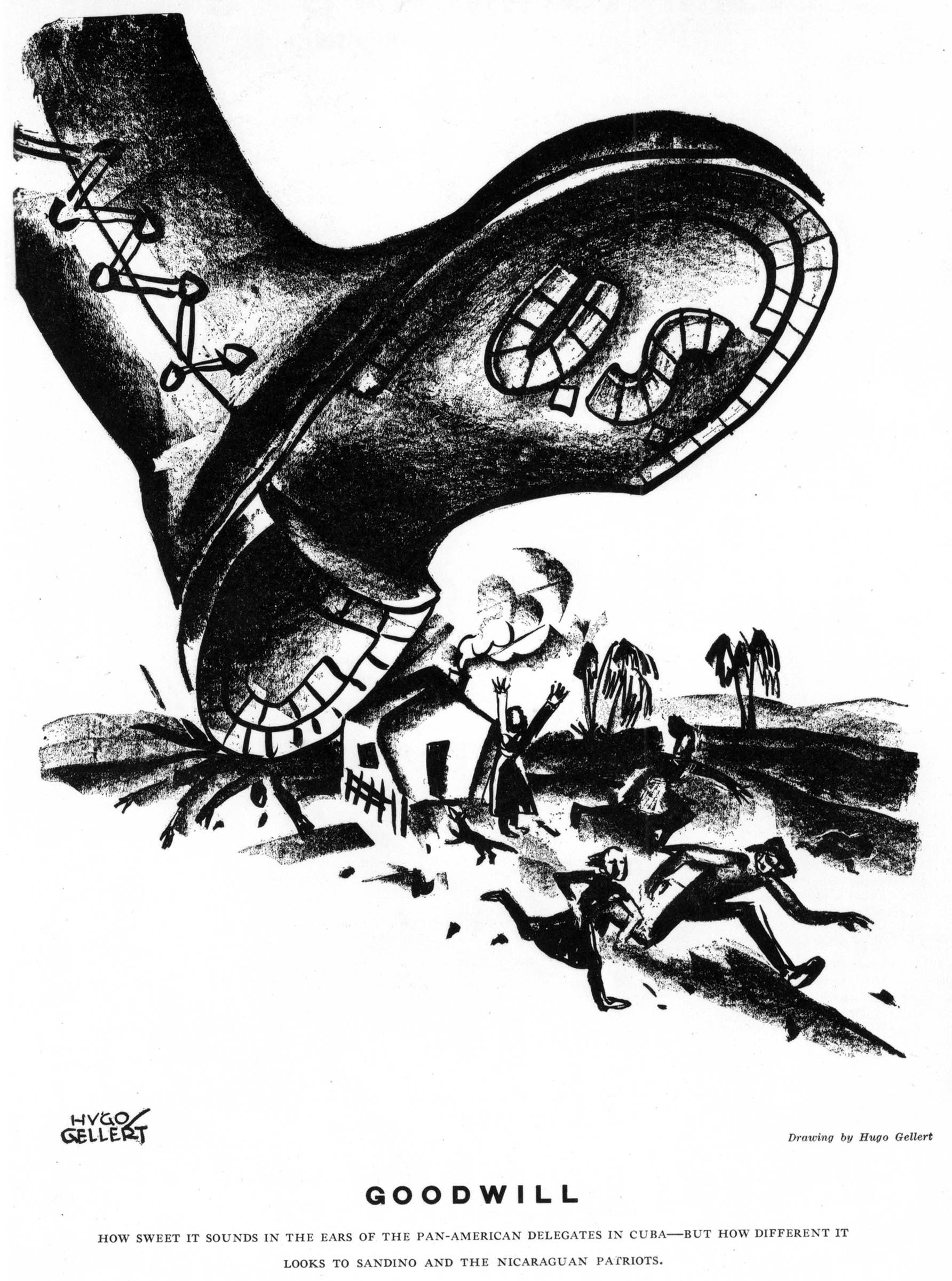 The 1928 Havana Pan-American Conference found President Calvin Coolidge defending U.S. intervention in Nicaragua from attacks by Latin American delegates. U.S. press coverage largely ignored the controversy, preferring to herald transatlantic aviator Charles Lindbergh’s arrival in Havana with a message of “goodwill.” “How sweet it sounds in the ears of the Pan-American delegates,” commented the <em>New Masses</em> in the caption to this cartoon, “but how different it looks to Sandino and . . .&nbsp; the Nicaraguan patriots.”